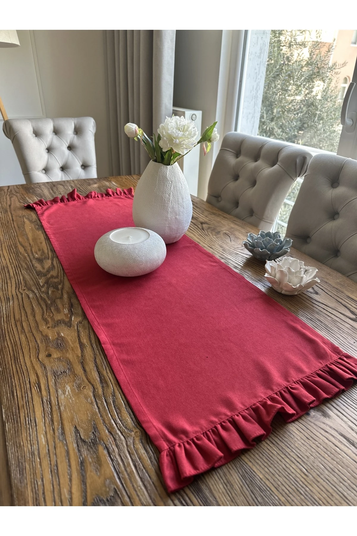 Vintage Tek Kat Fırfırlı Kırmızı Runner Yeni Yıl Runner Yılbaşı Leke Tutmaz