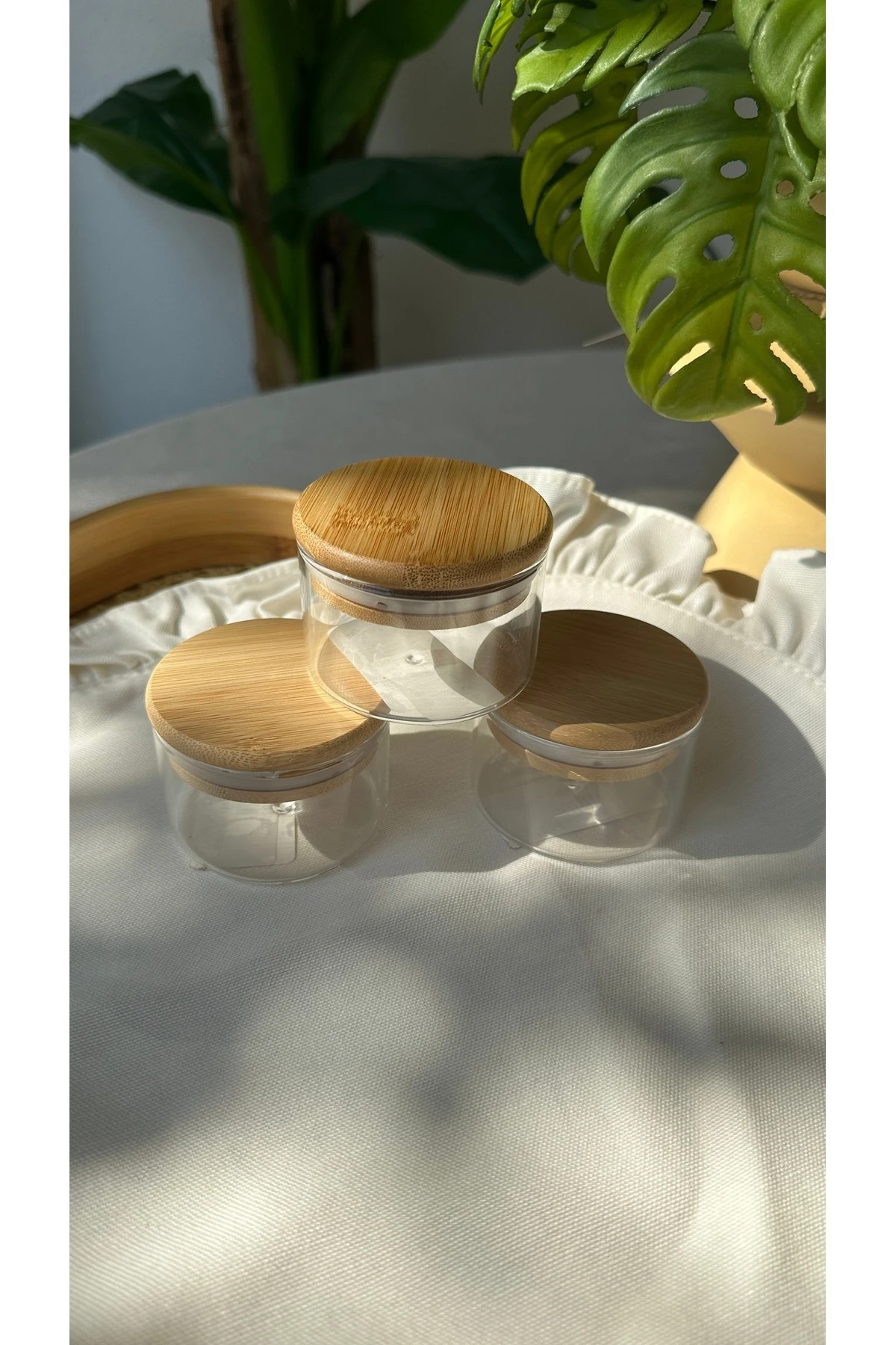 3 ad Bambu Kapaklı Cam Mini Kavanoz