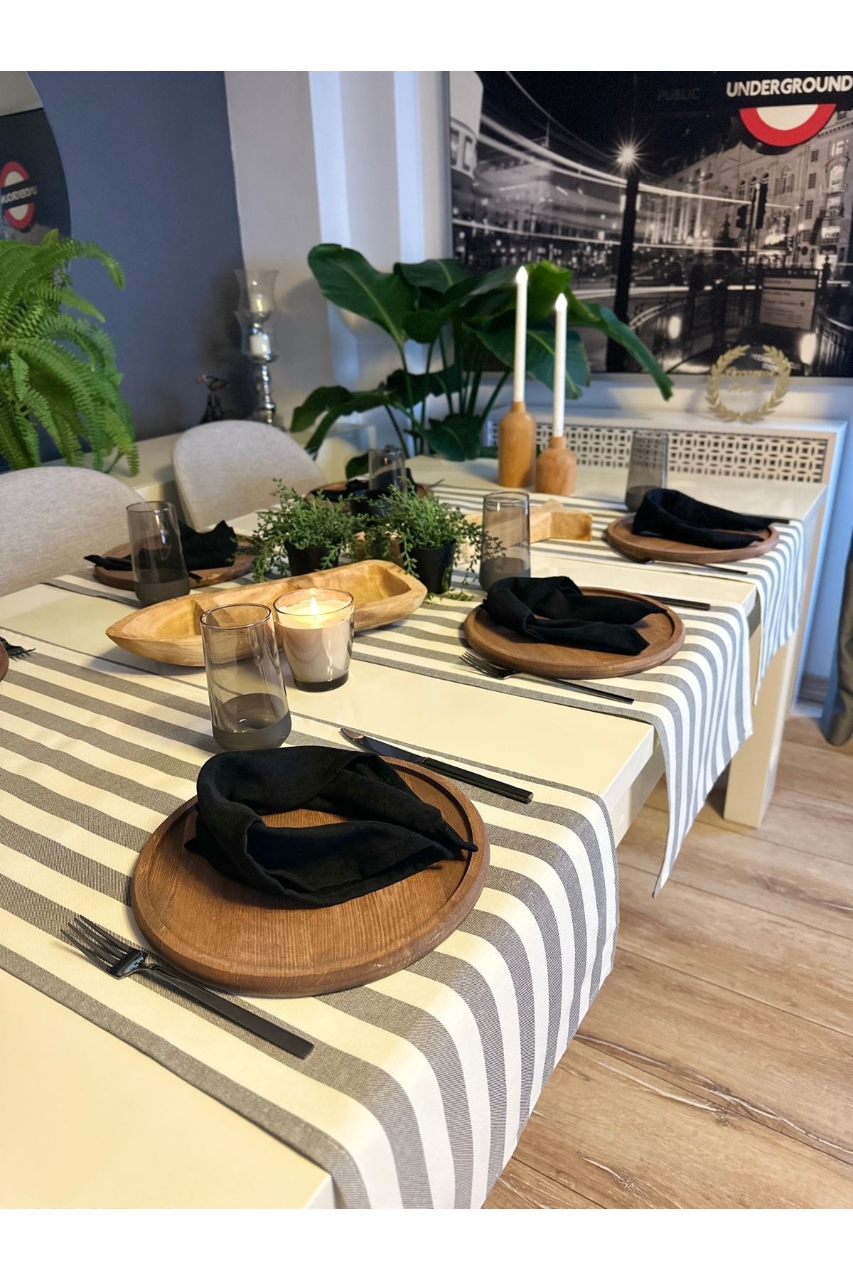 Füme Gri Çizgili Keten Runner Dertsiz Leke Tutmaz