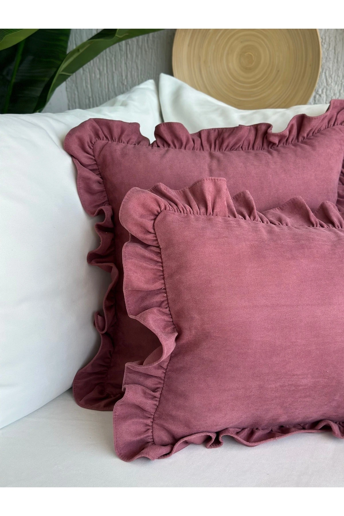 Kadife Doku Vintage Fırfırlı Gül Kurusu Renk Kırlent Kılıfı