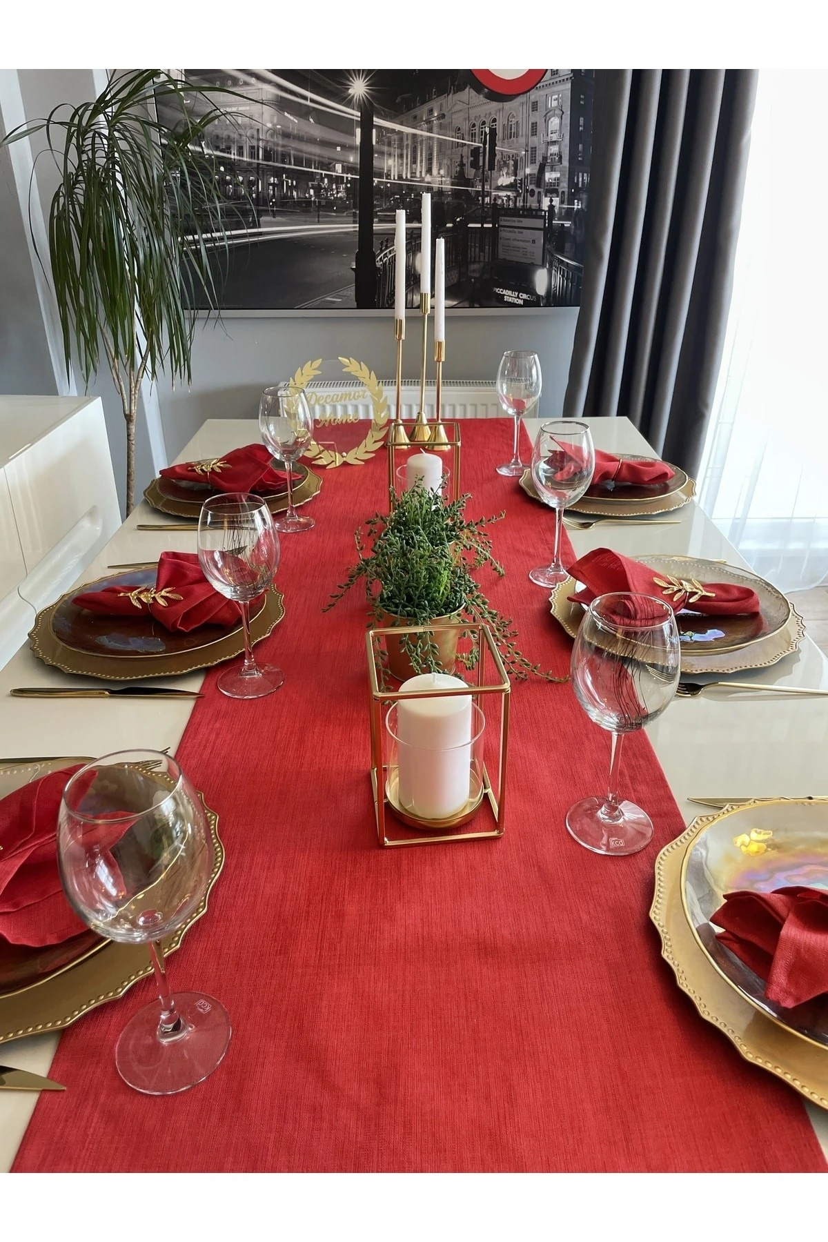 Keten Dokulu Simli Kırmızı Runner Yılbaşı Runner