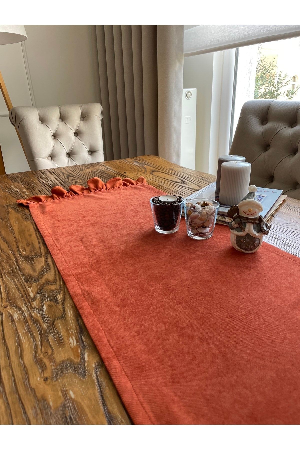Kiremit Tarçın Kadife Dokulu Fırfırlı Vıntage Runner