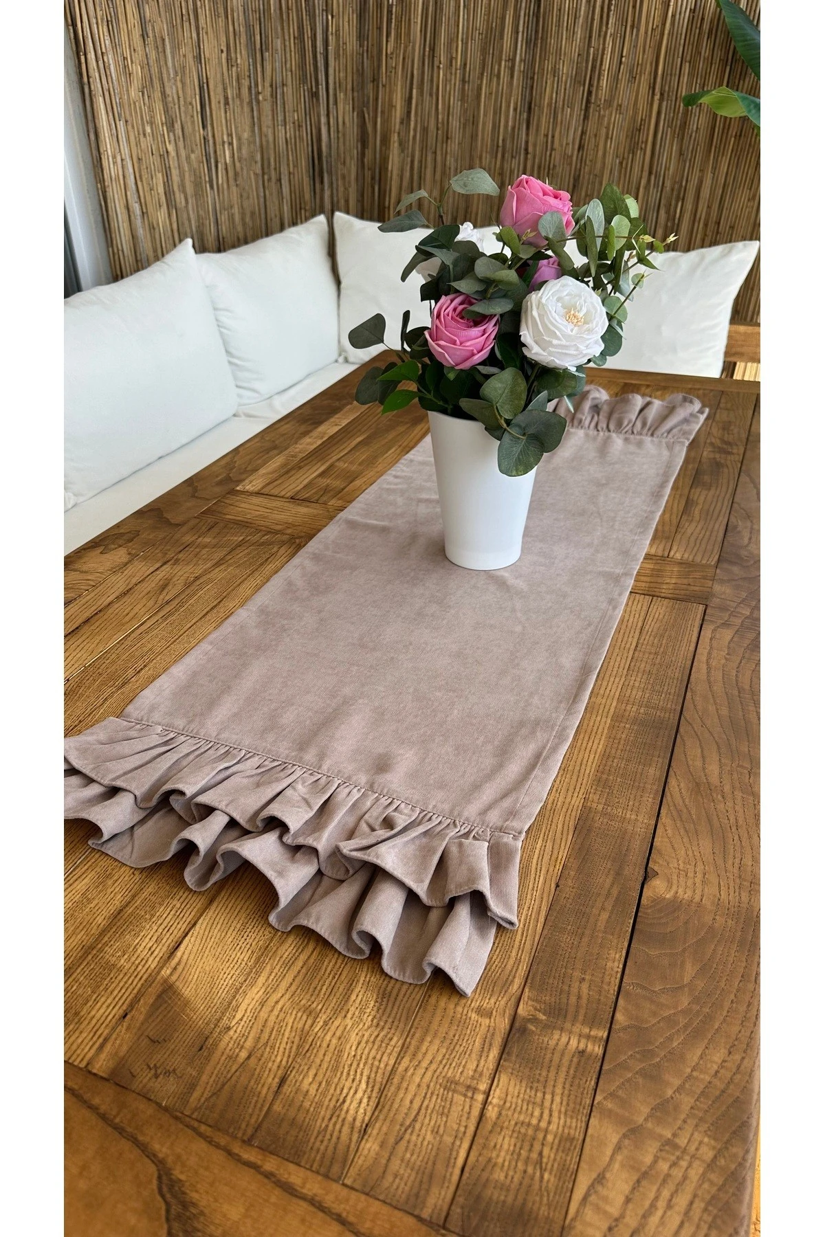 Vintage Kadife Dokulu Dertsiz Çift Kat Fırfırlı Kahverengi Runner