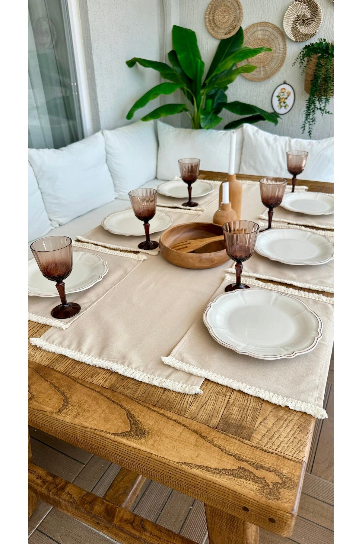 7 parça 6 kişilik Püsküllü Bej Amerikan Set