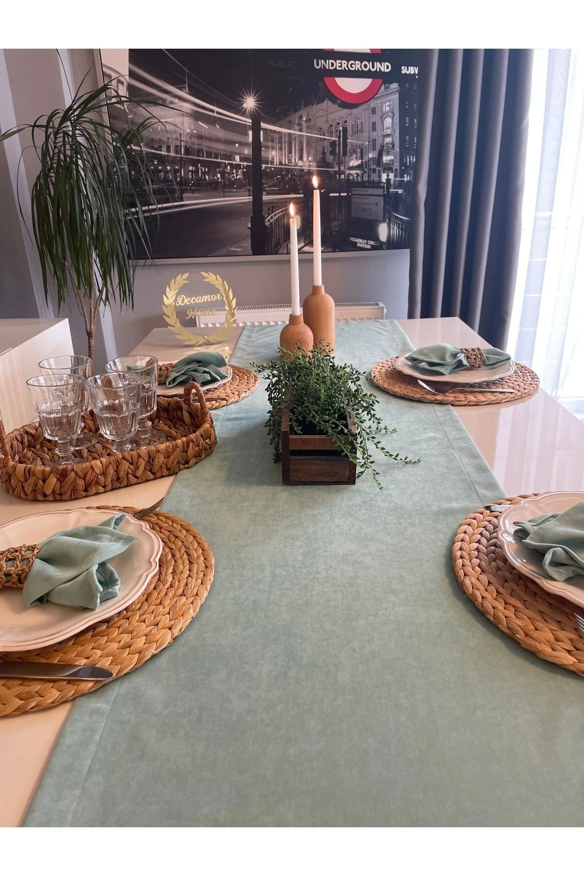 Kadife Dokulu Dertsiz Mint Yeşili Runner