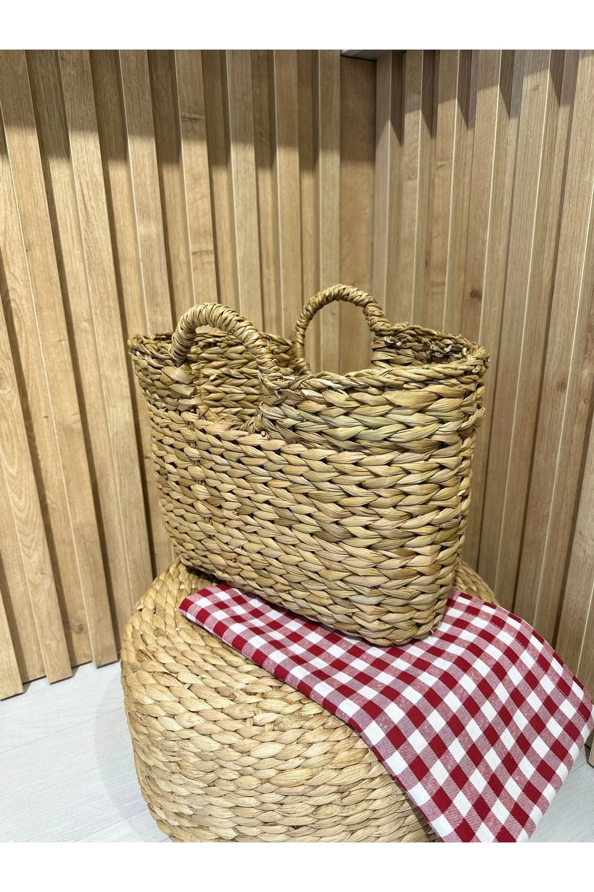 Hasır Dekoratif Çanta Örme Hasır Plaj Çantası Küçük Boy