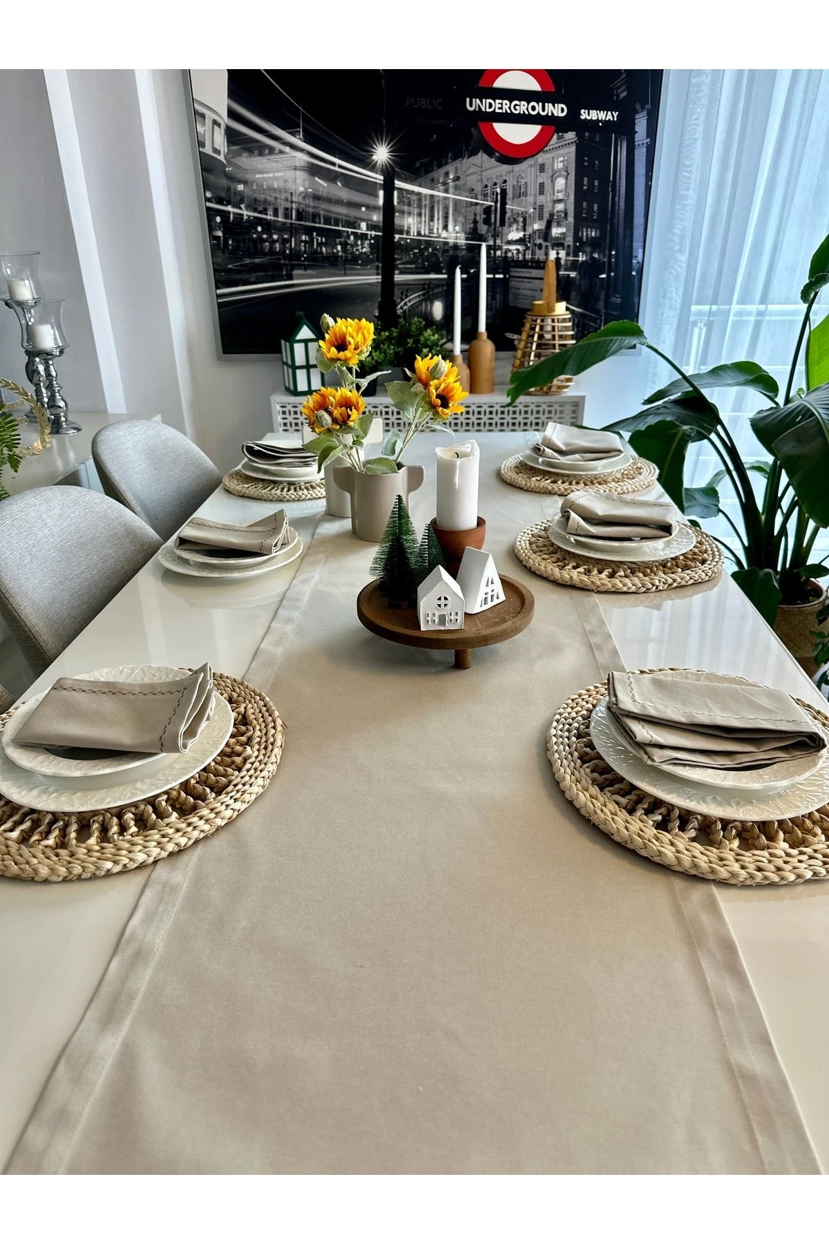 Keten Bej Uzun Runner Üst Kalite Leke Tutmaz Dertsiz Kumaş