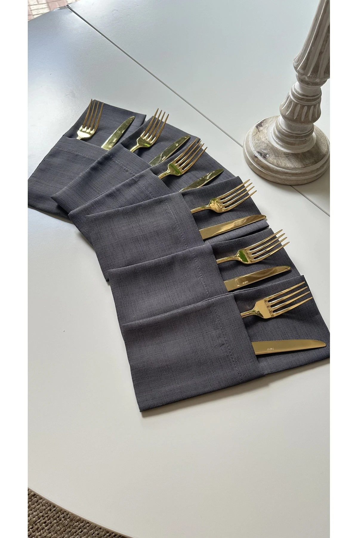 6 ad Keten Dokulu Füme Gri Kaşıklık 10 x 24 cm