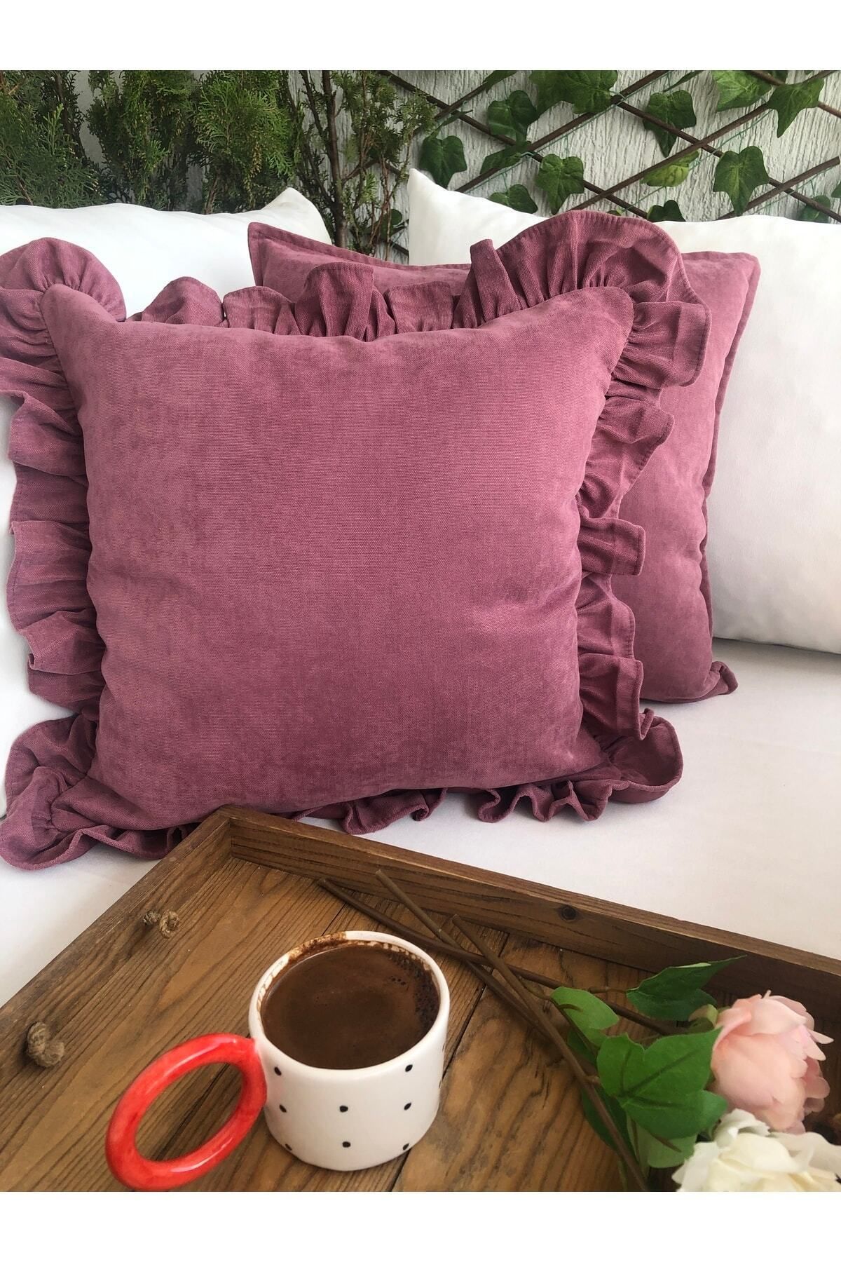 Vıntage Gül Kurusu Fırfırlı Kırlent Kılıfı