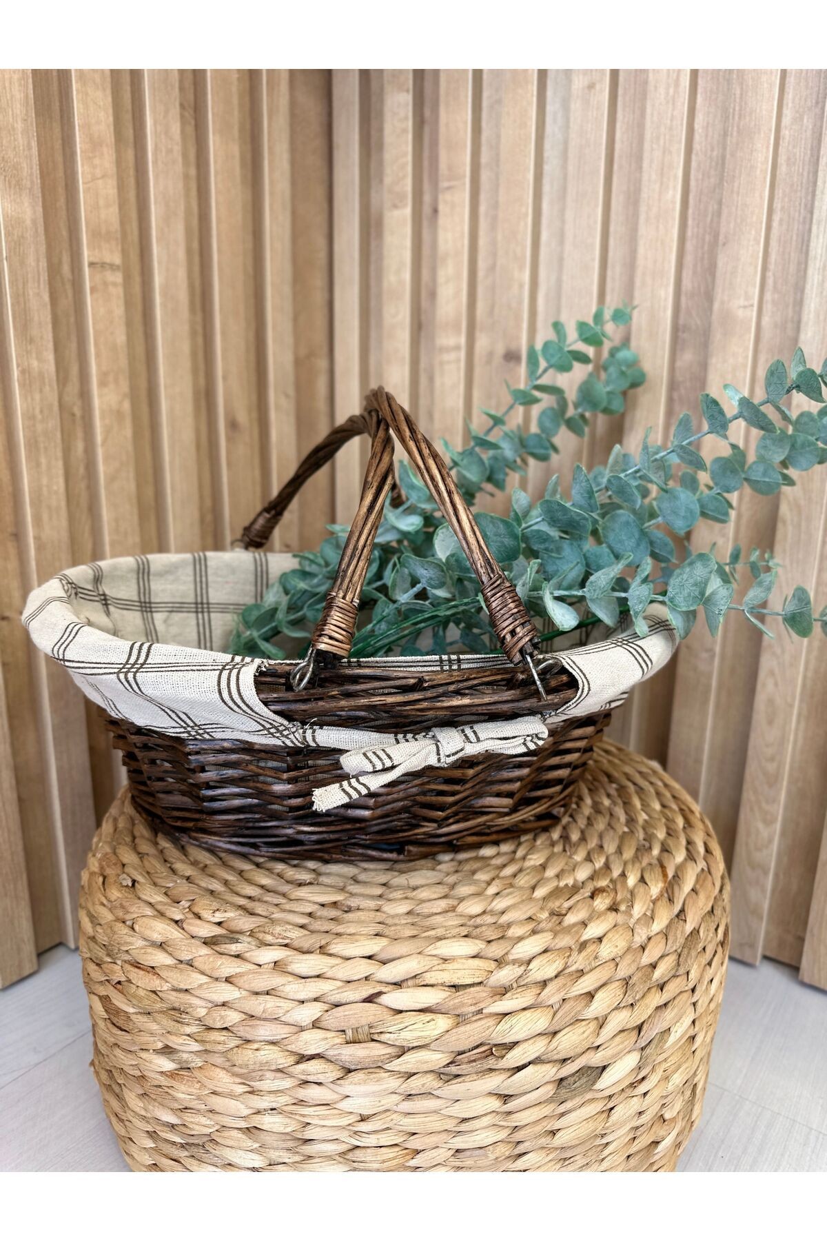 Rattan Kulplu Kahverengi Sepet