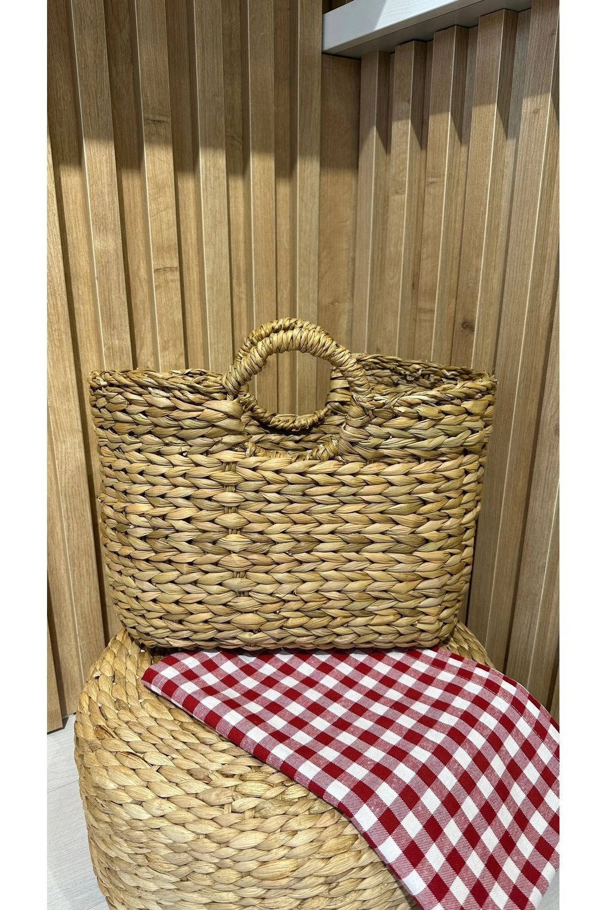 Hasır Dekoratif Çanta Örme Hasır Plaj Çantası Küçük Boy