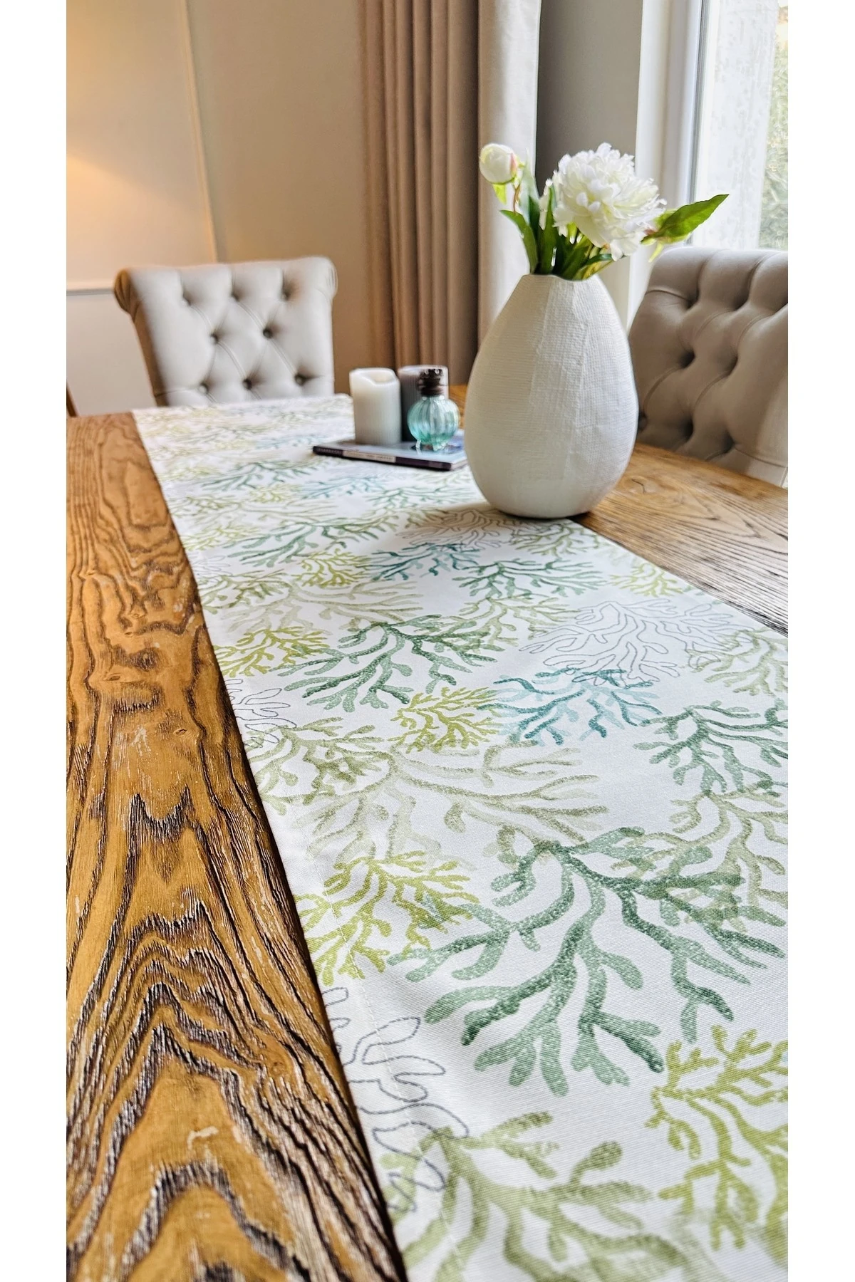 Yeşil Ekru Dertsiz Mercan Desenli Uzun Runner