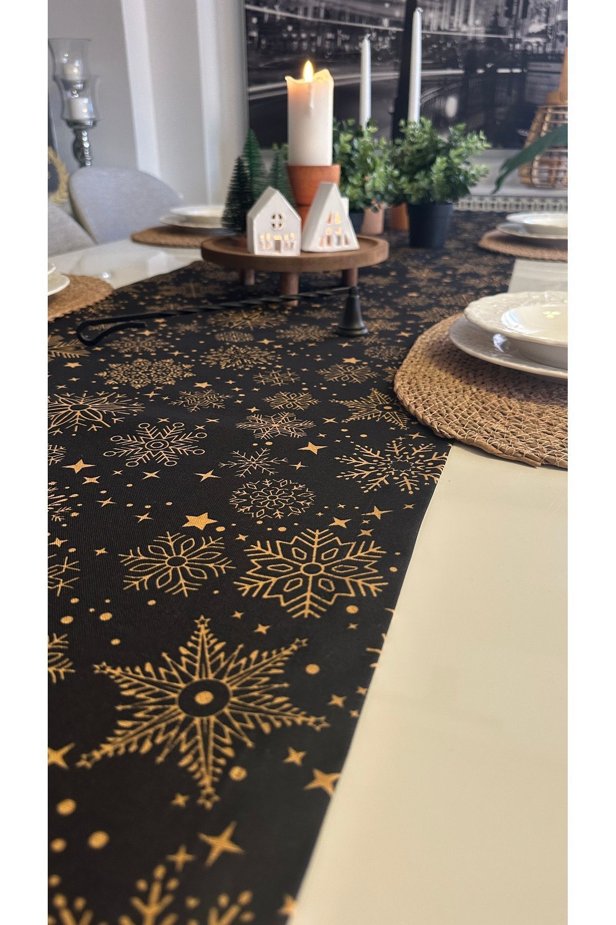 Yeni Yıl Temalı Siyah Runner Yılbaşı Masası Yılbaşı Runner
