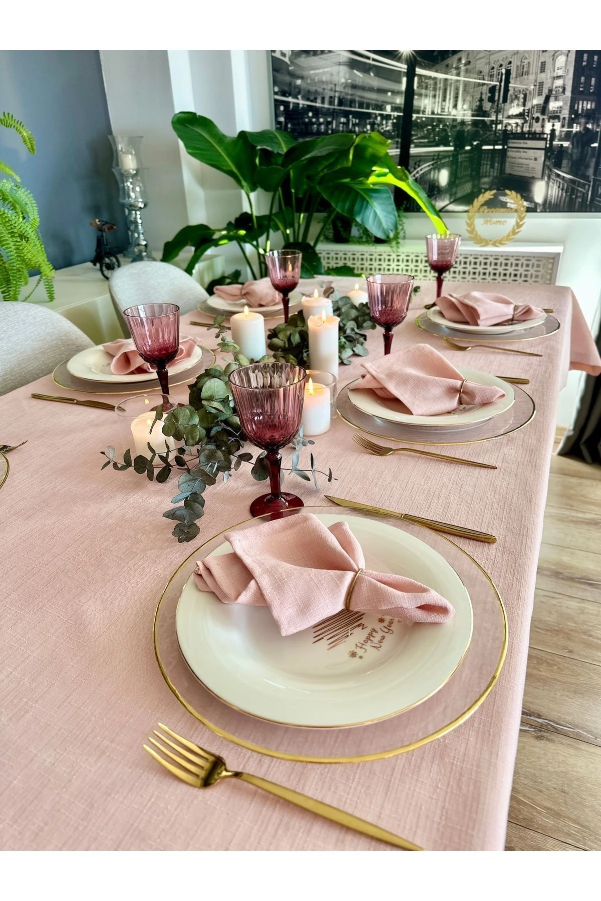 Keten Dokulu Pudra Pembe Masa Örtüsü