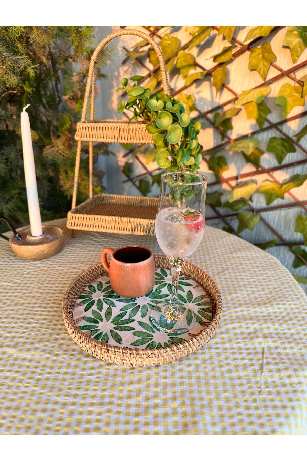 Sedefli Rattan Yeşil Yuvarlak Tepsi Büyük Boy