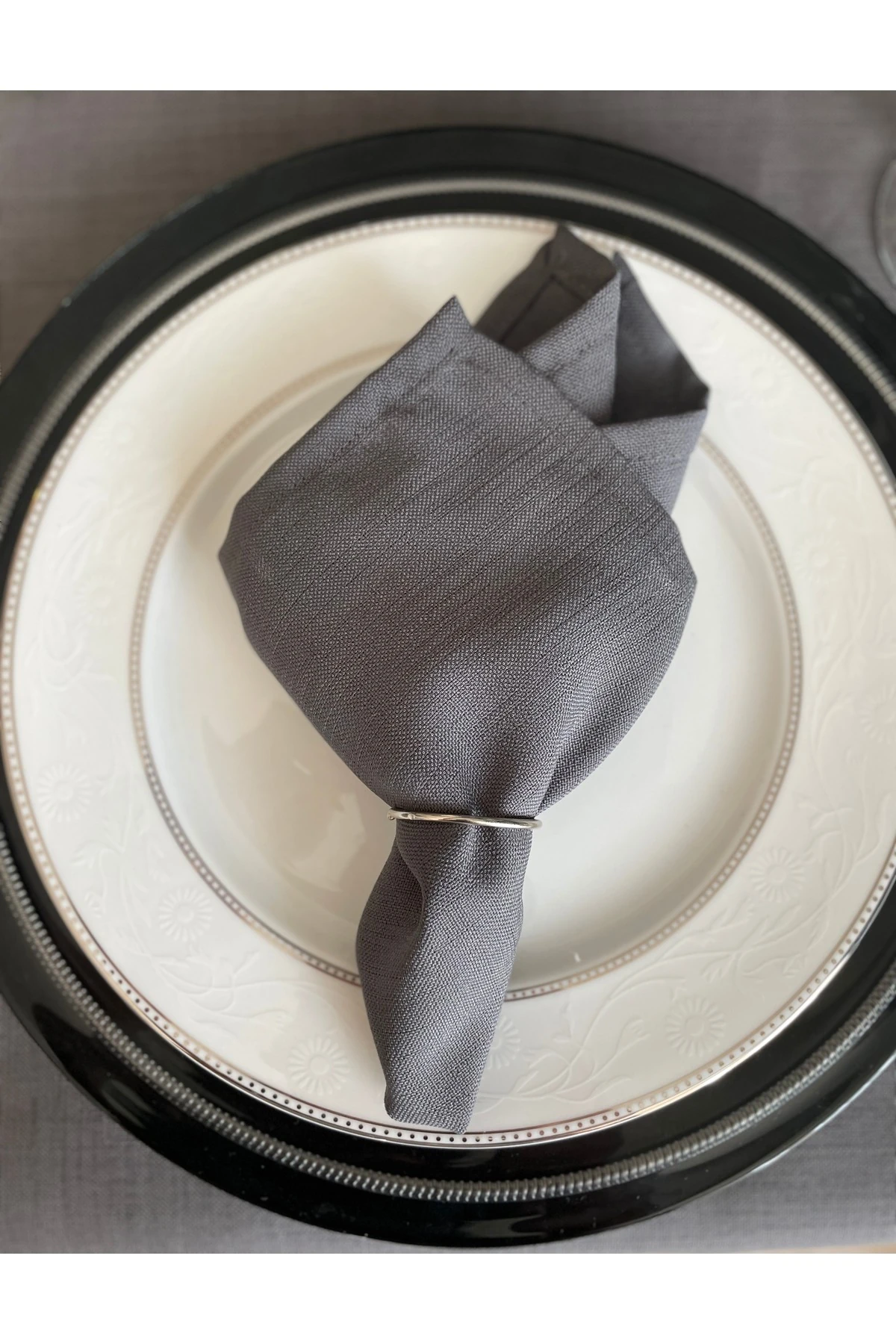 6 'lı Keten Dokulu Füme Gri Peçete Kumaş Peçete