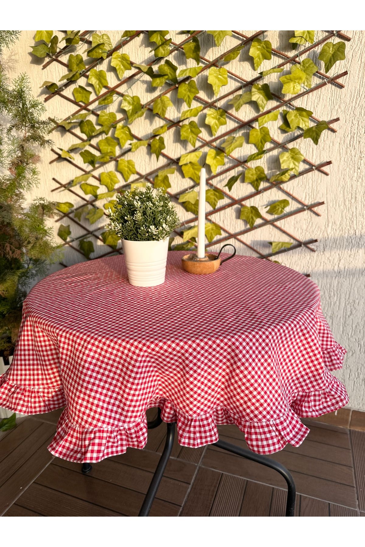 Thin Keten Kumaş Mini Pötikareli Fırfırlı Yuvarlak Masa Örtüsü - 1