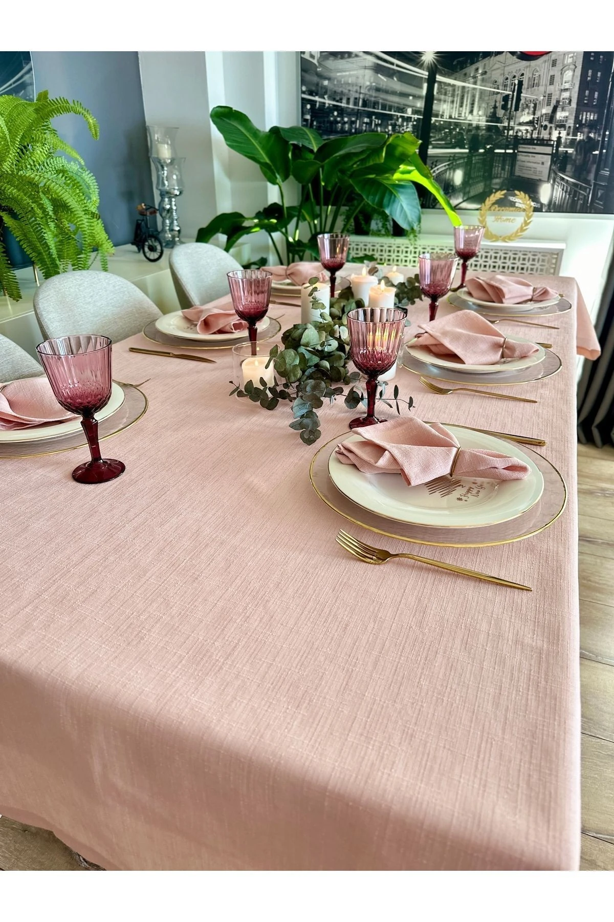 Keten Dokulu Pudra Pembe Masa Örtüsü