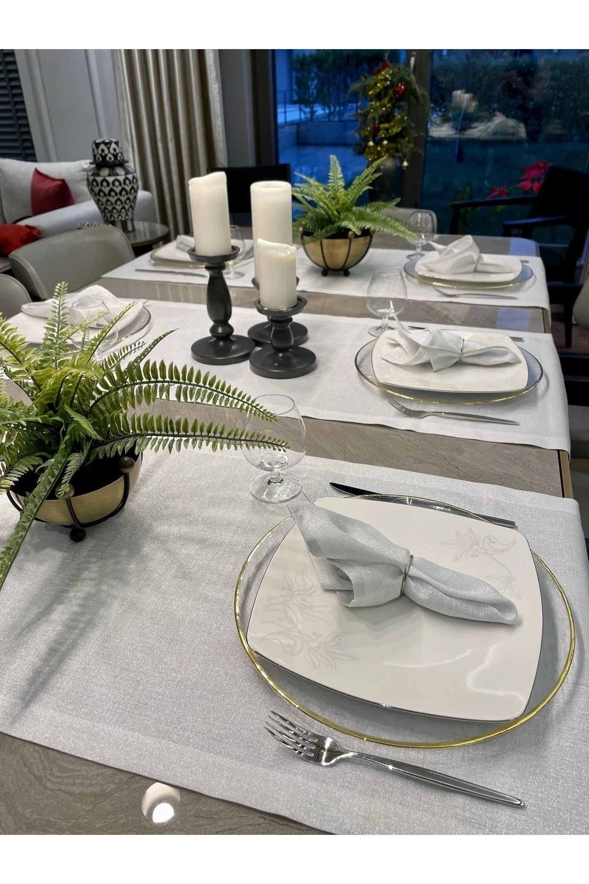 Gümüş Simli Beyaz Keten Dokulu Runner