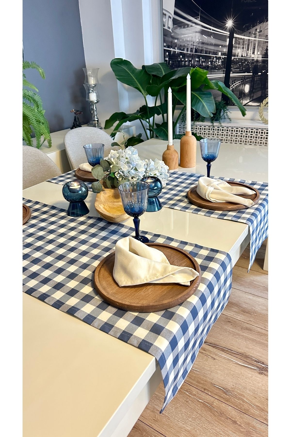 Kareli Mavi Beyaz Keten Dertsiz Runner