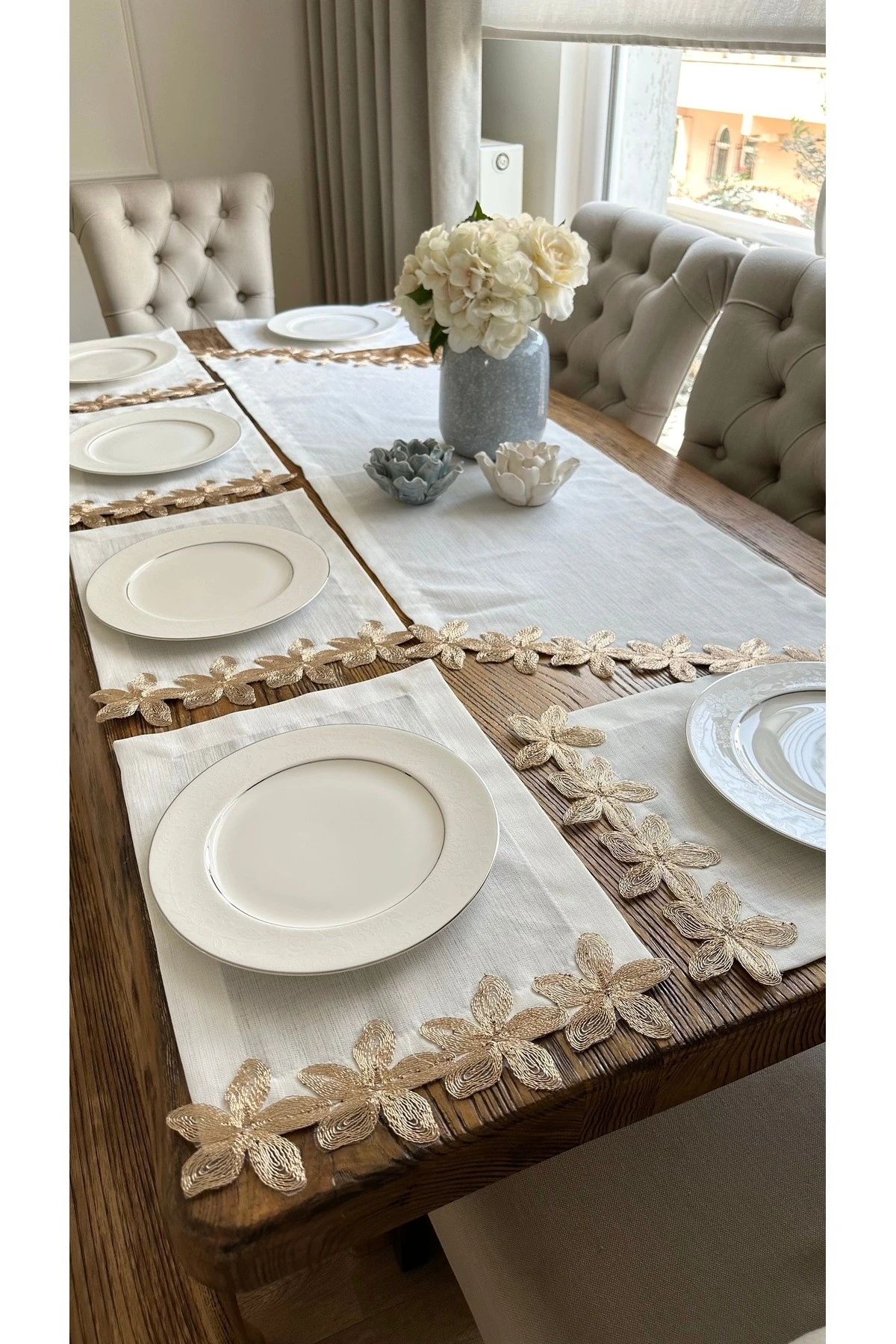 Bakır Dantel Detaylı Beyaz Amerikan Servis Seti 6 kişilik 7 prç