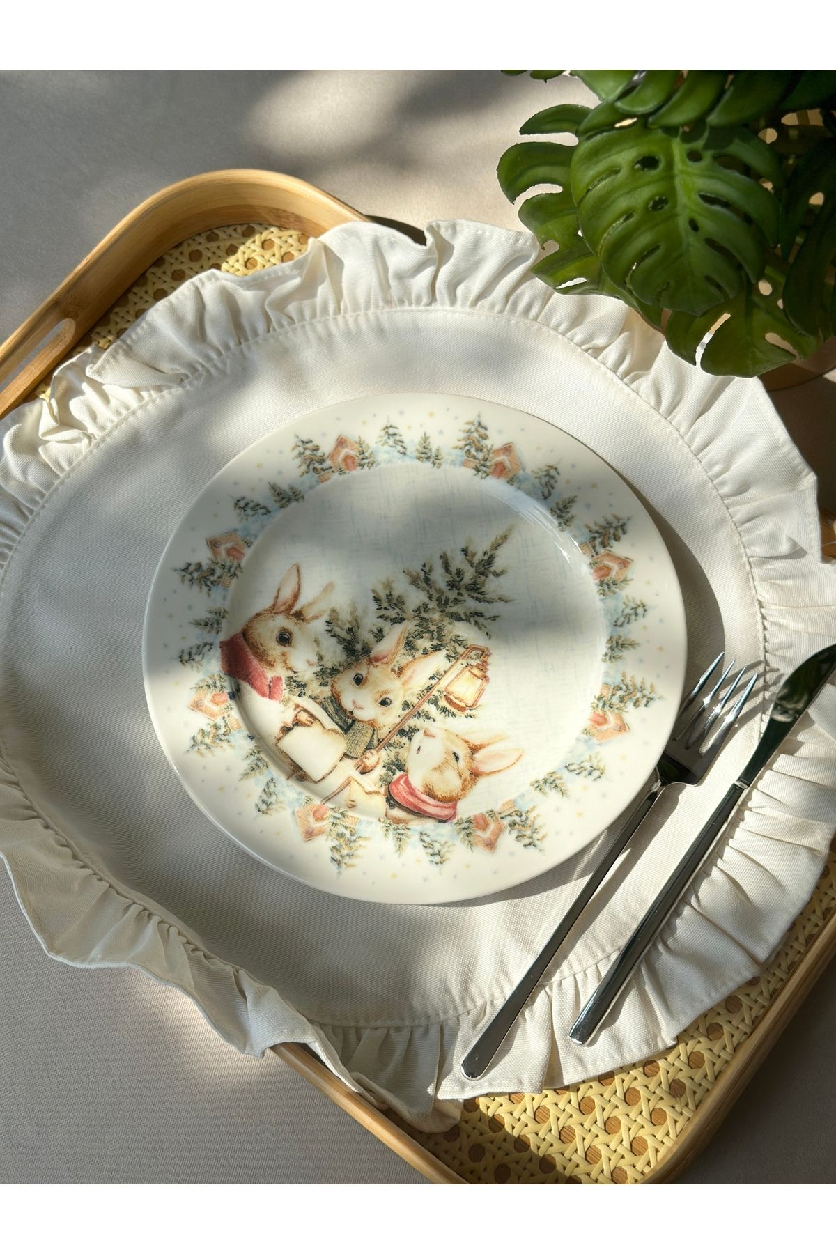 6 ad Tavşan Desenli Servis Tabağı Yılbaşı Temalı Servis Tabağı