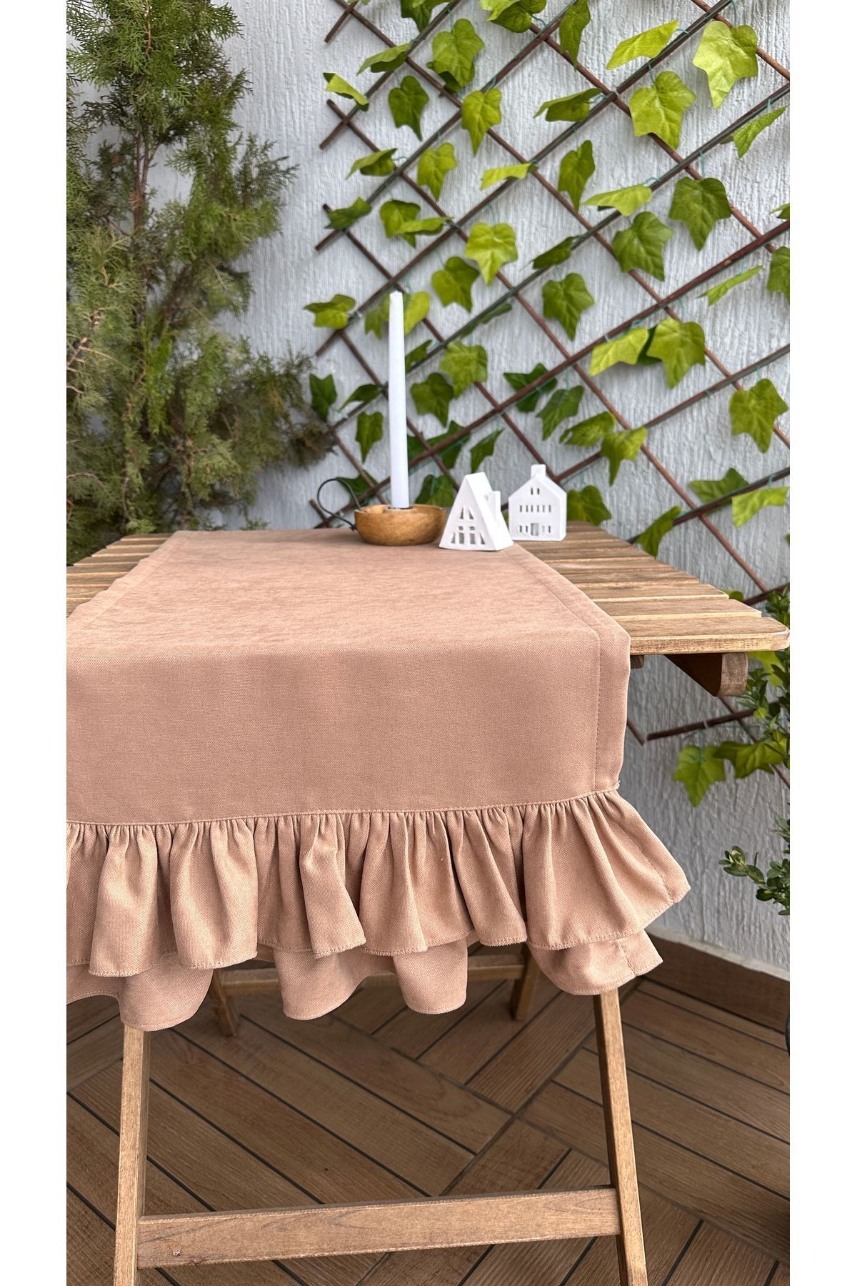 Çift Kat Fırfırlı Vıntage Kahverengi Runner