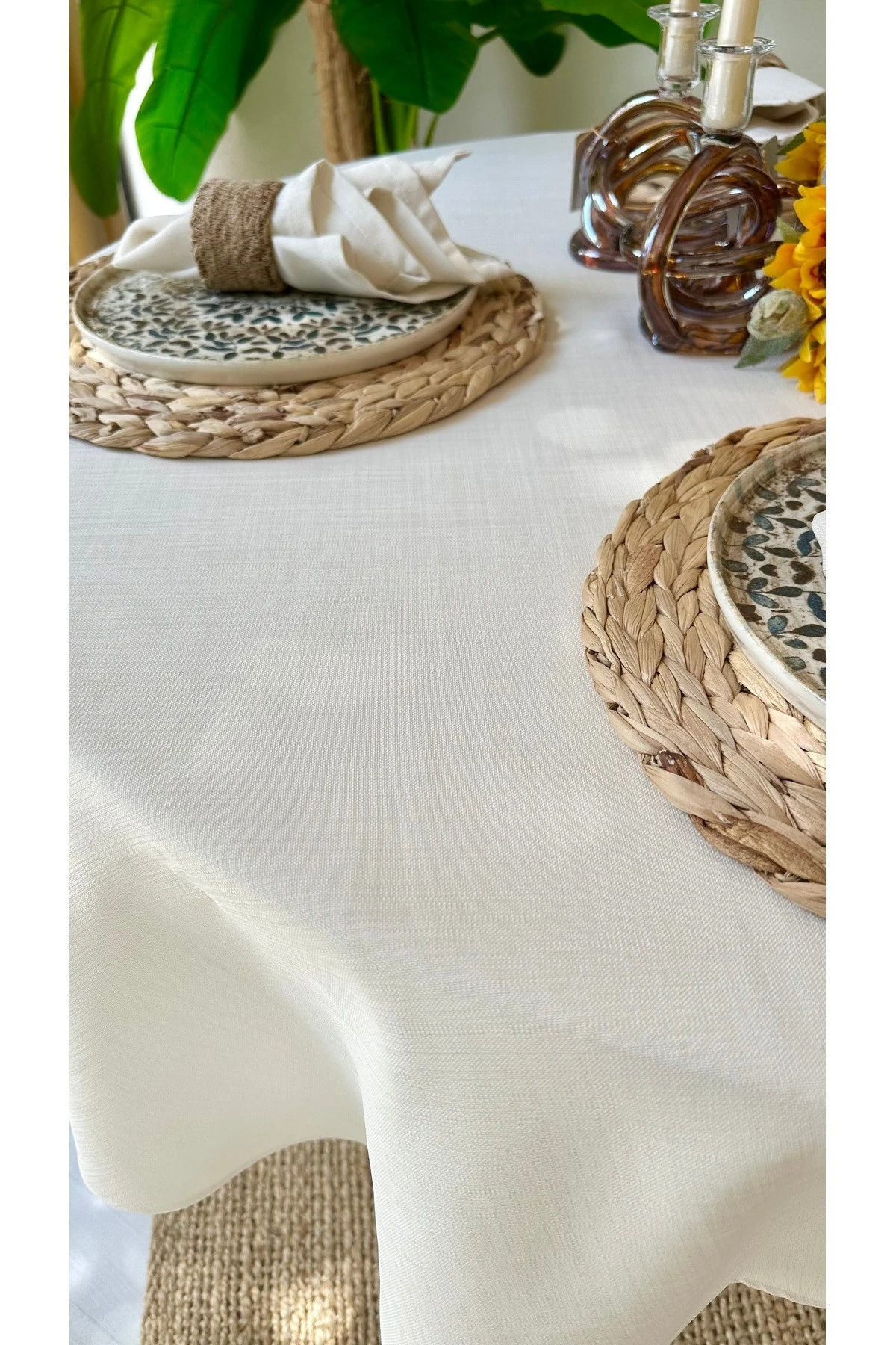 Keten Dokulu Yuvarlak Masa Örtüsü Düz Model - 5
