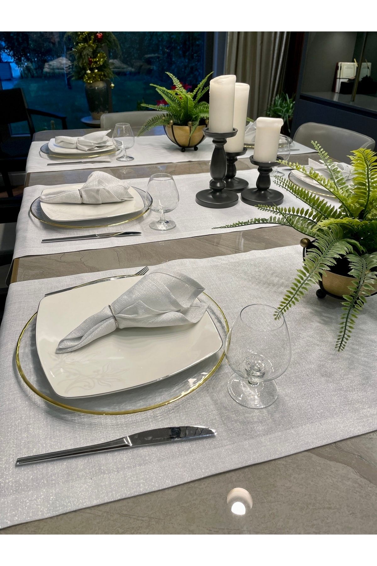 Keten Dokulu Gümüş Simli Beyaz Runner