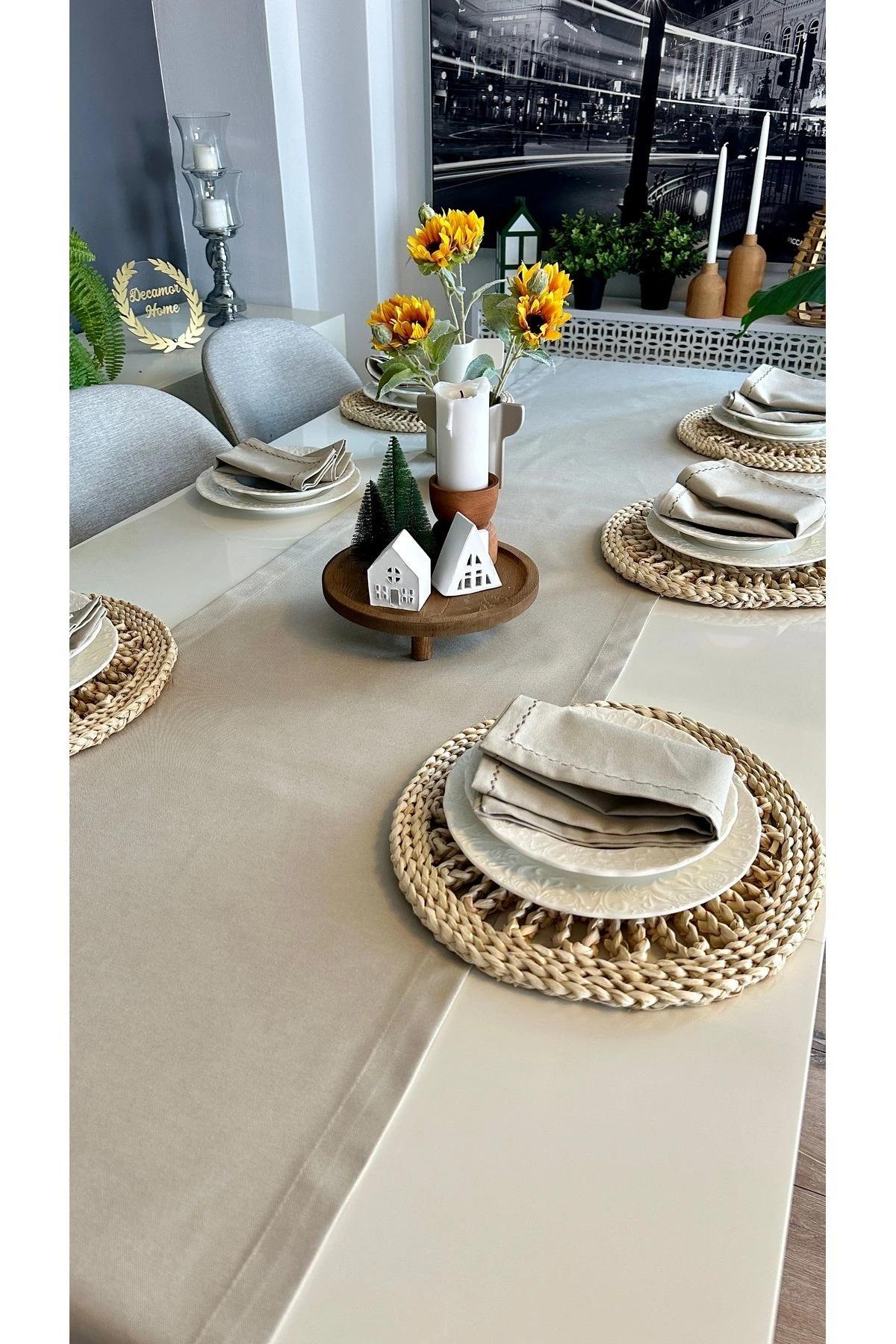 Keten Bej Uzun Runner Üst Kalite Leke Tutmaz Dertsiz Kumaş