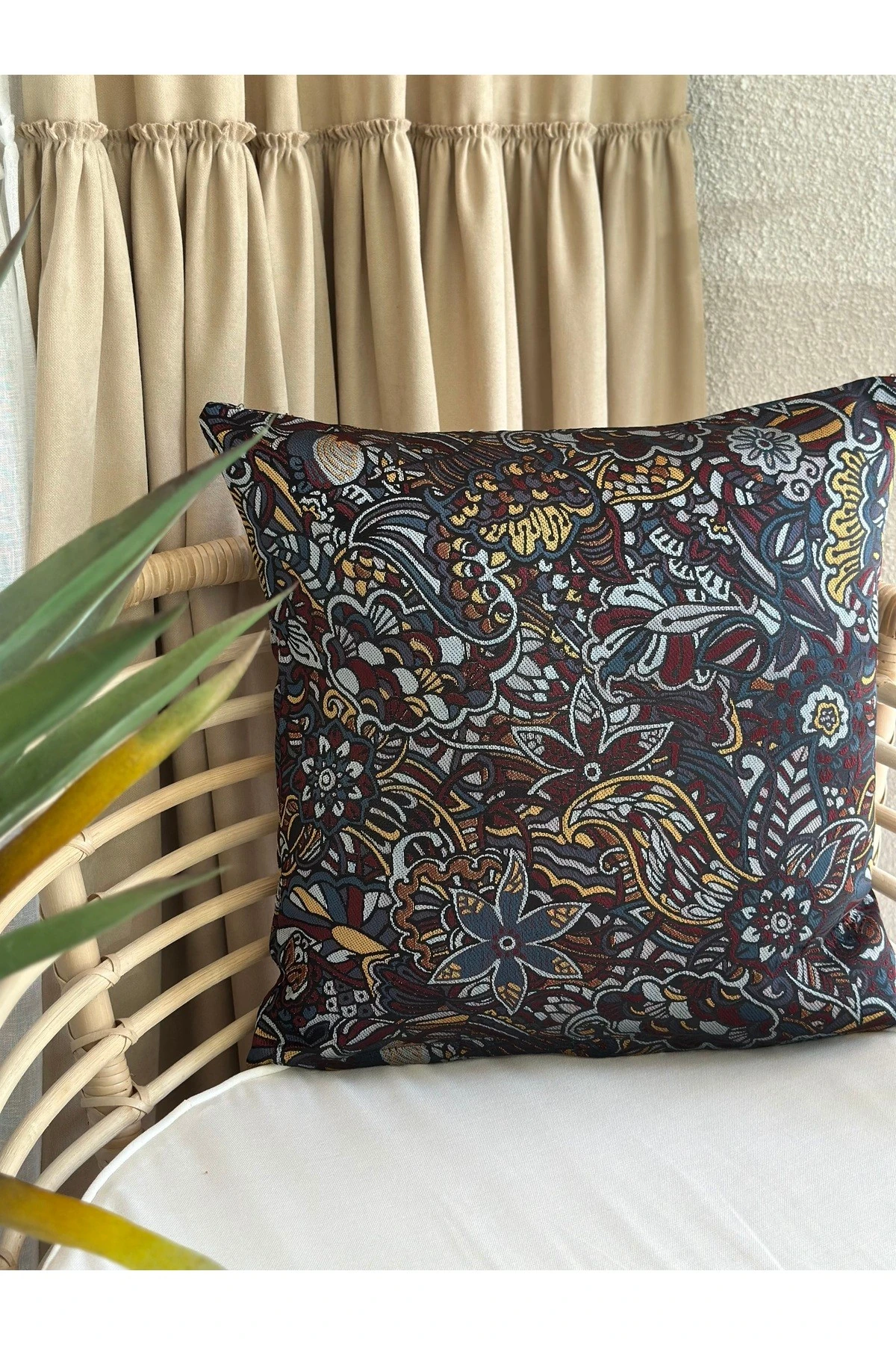 Lacivert - Renkli Salon Kırlent Kılıfı Dokuma Kumaş