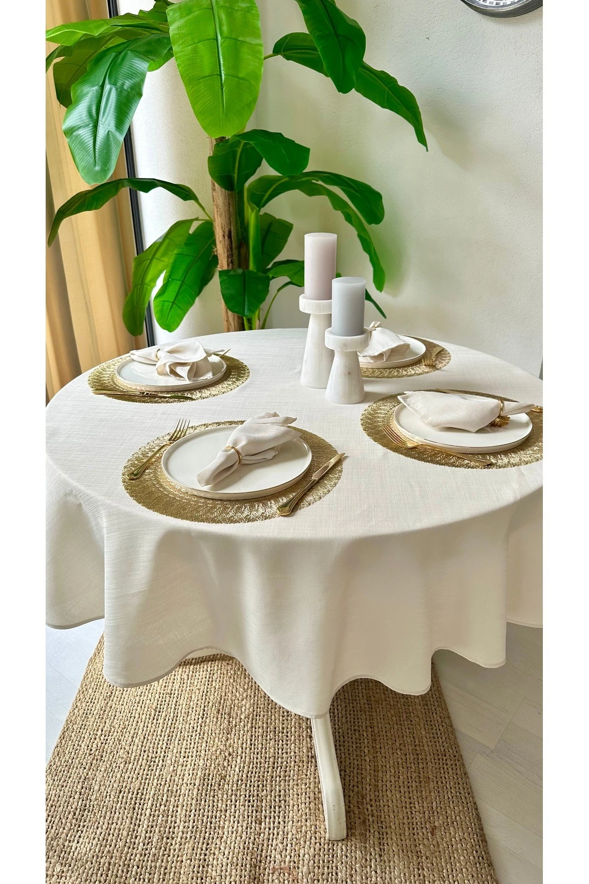 Keten Dokulu Yuvarlak Masa Örtüsü Düz Model - 5