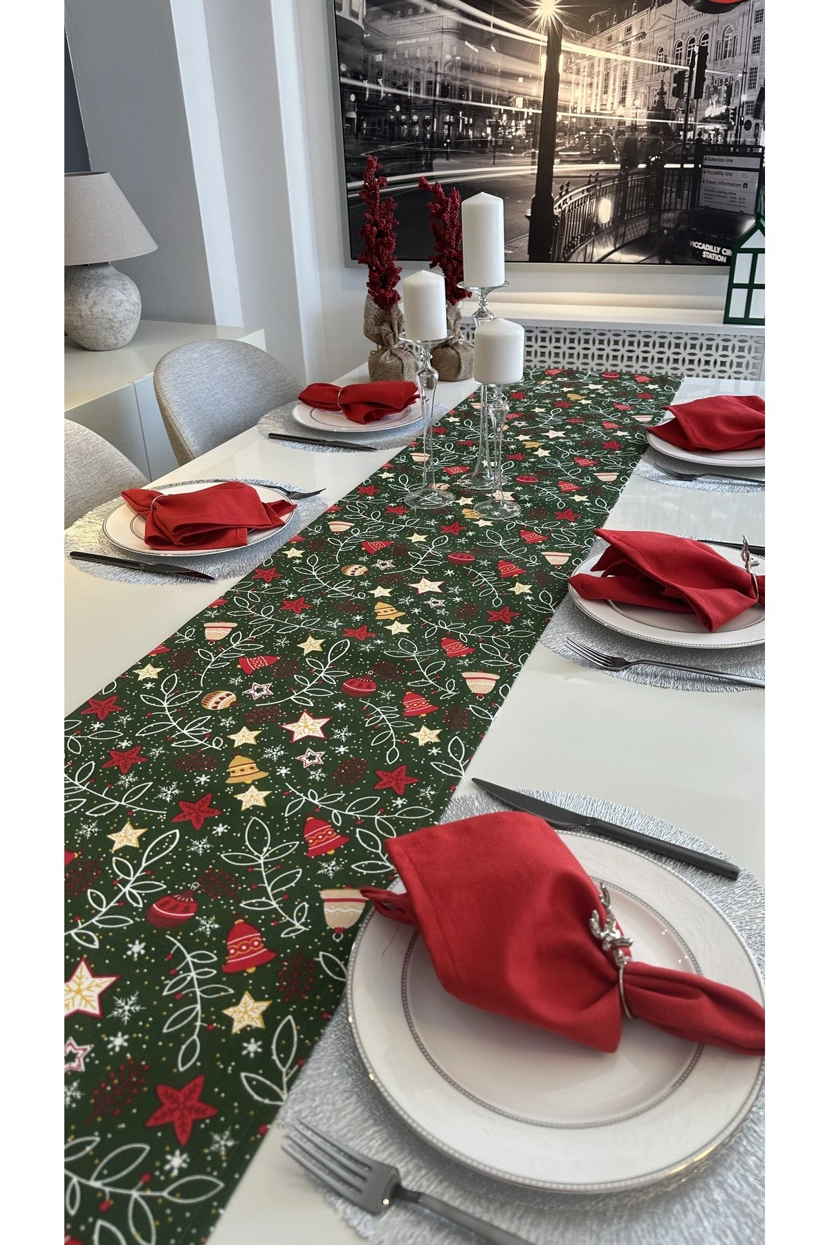 Yeni Yıl Temalı Yeşil Kırmızı Yılbaşı Runner (PEÇETE DAHİL DEĞİL)