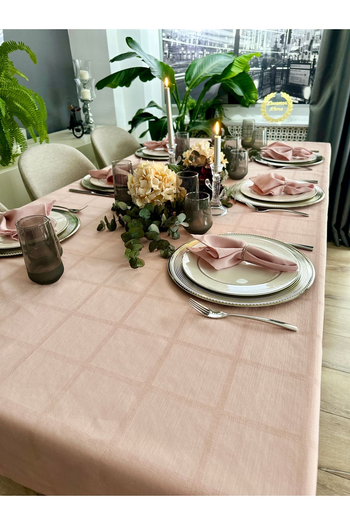 Keten Dokulu Dertsiz Kare Desenli Pudra Pembe Masa Örtüsü
