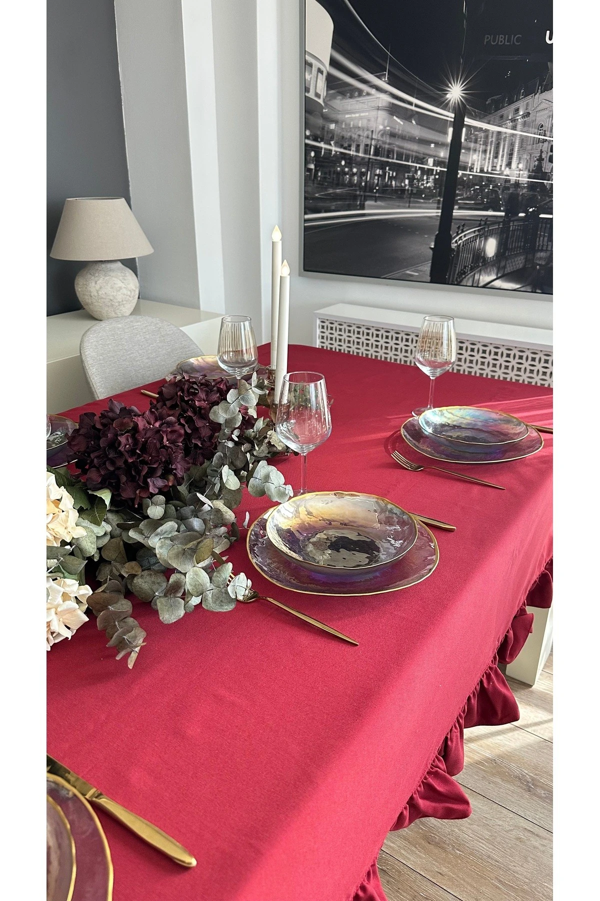 Pamuklu Keten Leke Tutmaz Fırfırlı Masa Örtüsü