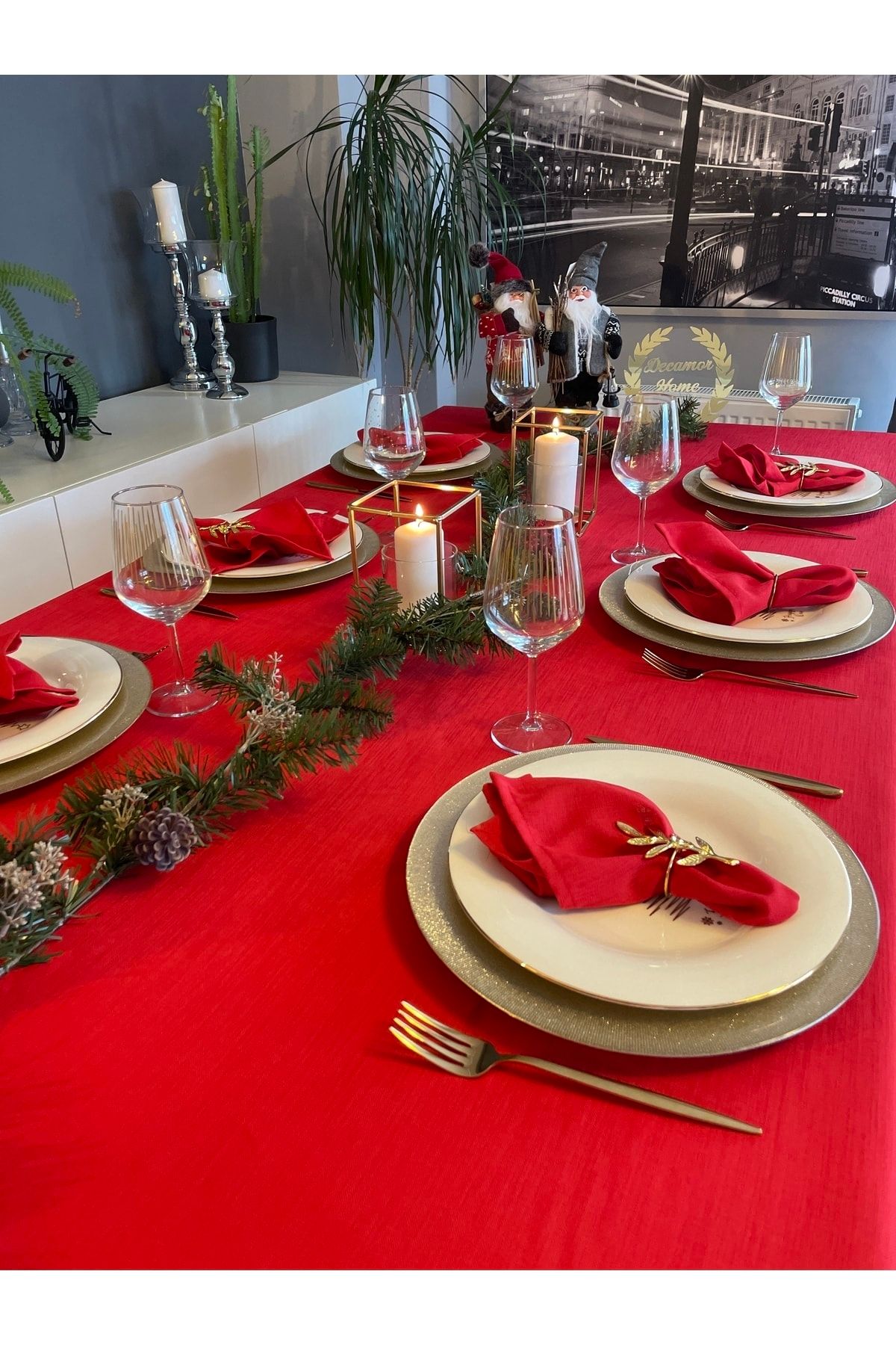 Keten Dokulu  Kırmızı Masa Örtüsü Yılbaşı Masası