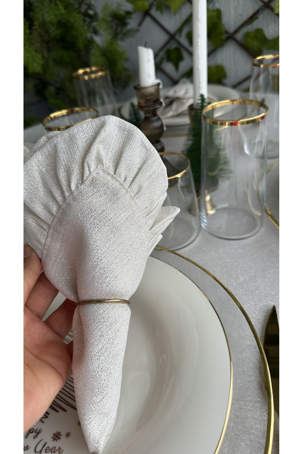 Fırfırlı Gold Simli Ekru Peçete Özel Tasarım Peçete 6 adet