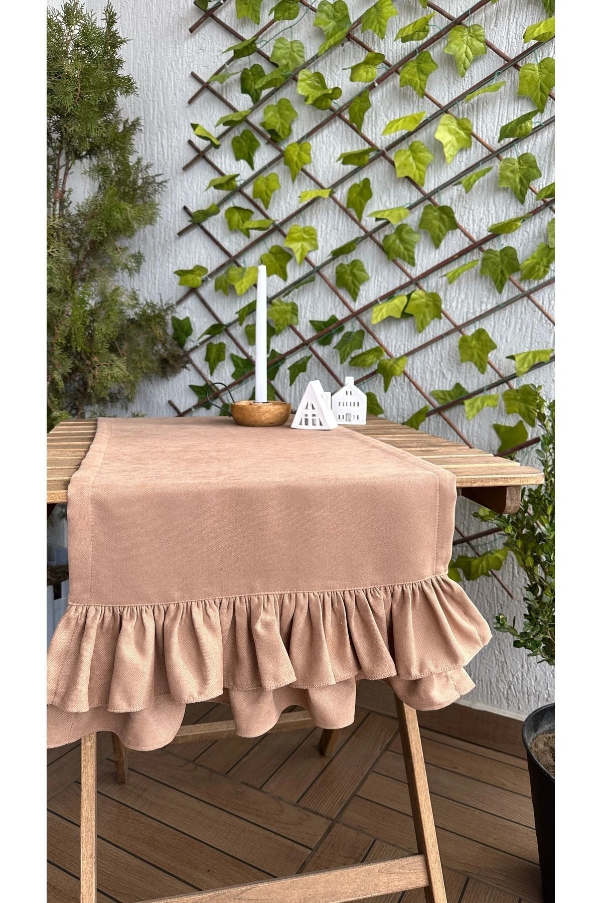 Vintage Kadife Dokulu Dertsiz Çift Kat Fırfırlı Kahverengi Runner