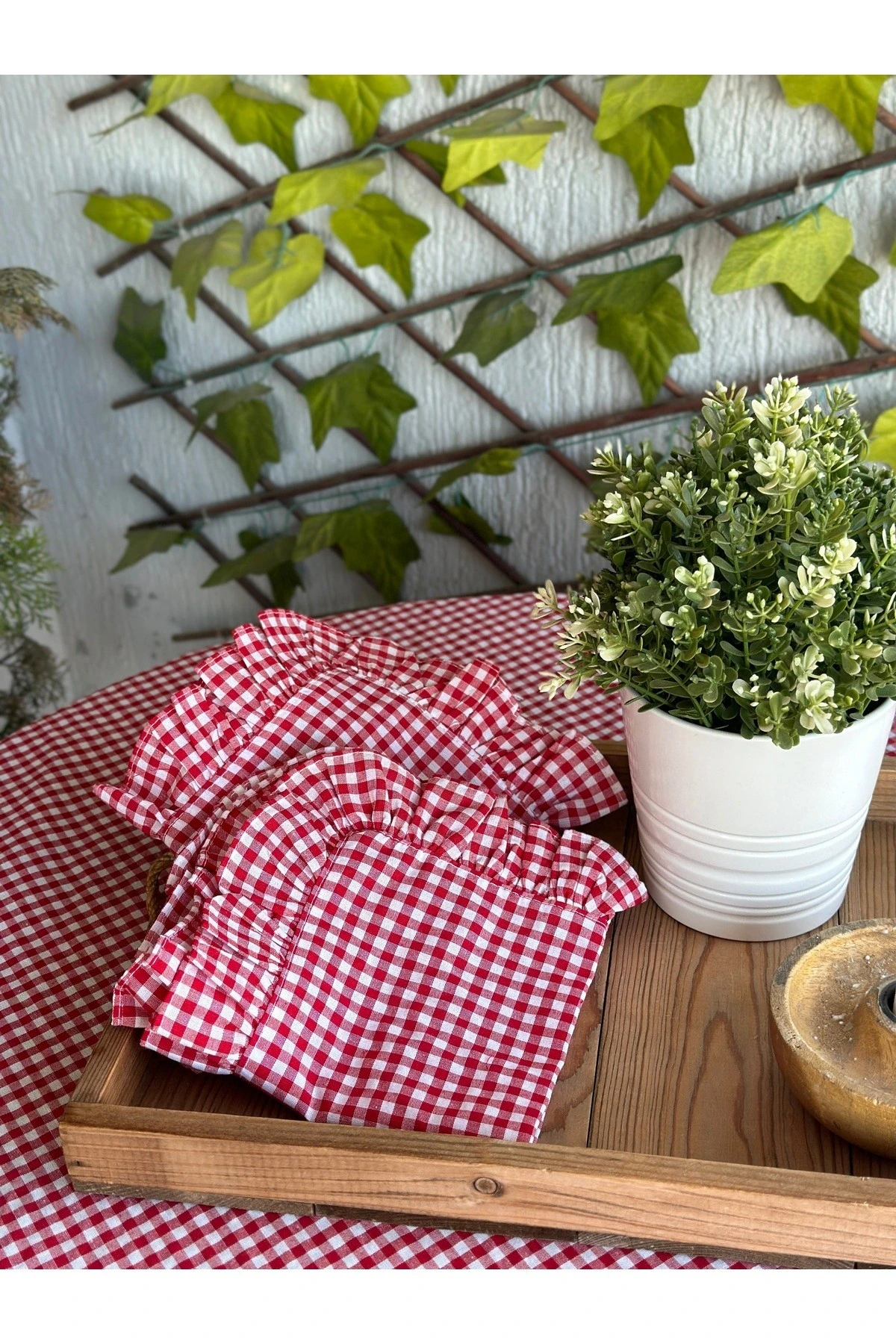 Thin Keten Kumaş 2’li Kırmızı Mini Pötikare Fırfırlı Peçete