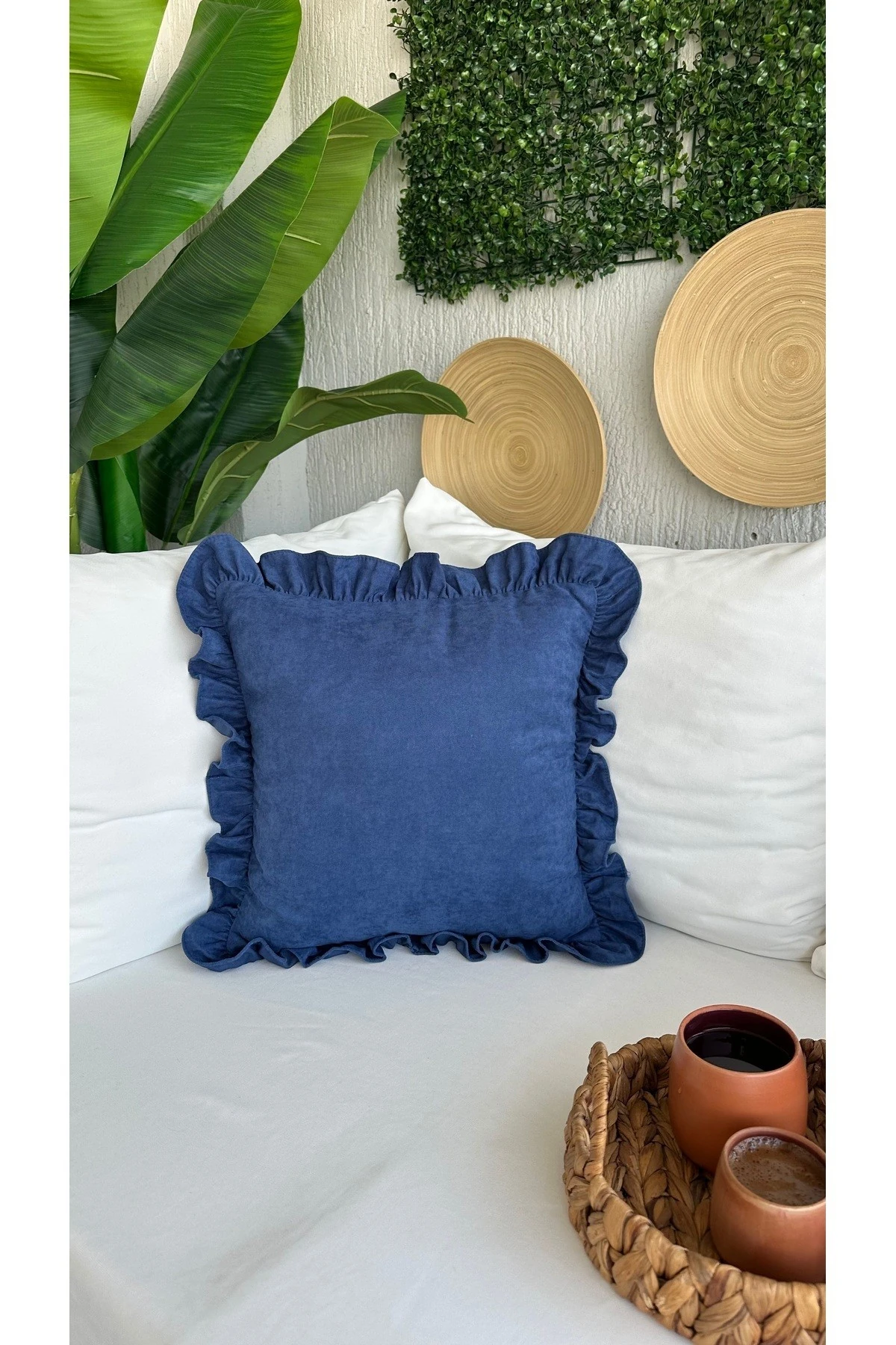 Kadife Dokulu Vıntage Fırfırlı Gece Mavisi Kırlent Kılıfı 1 Ad