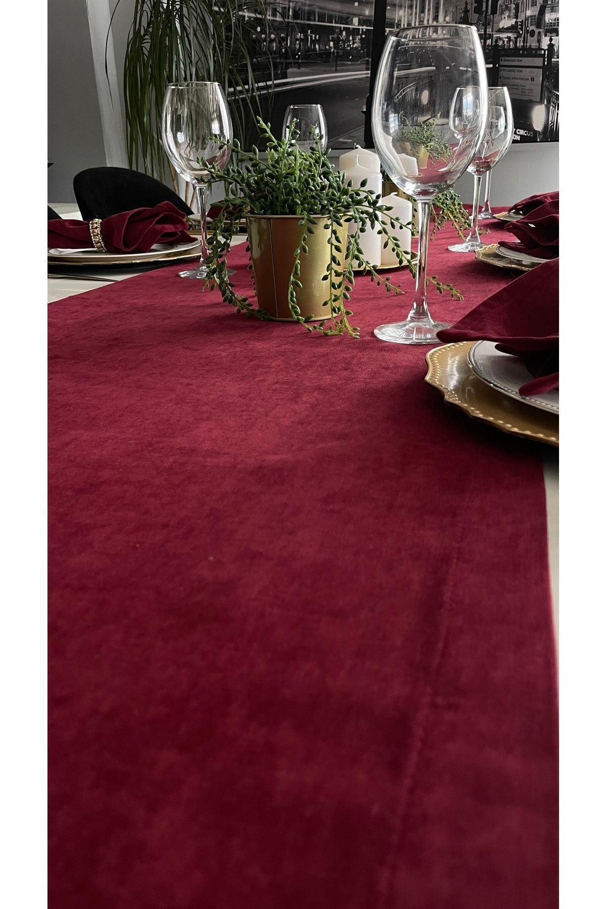 Kadife Dokulu Dertsiz Uzun Bordo Runner