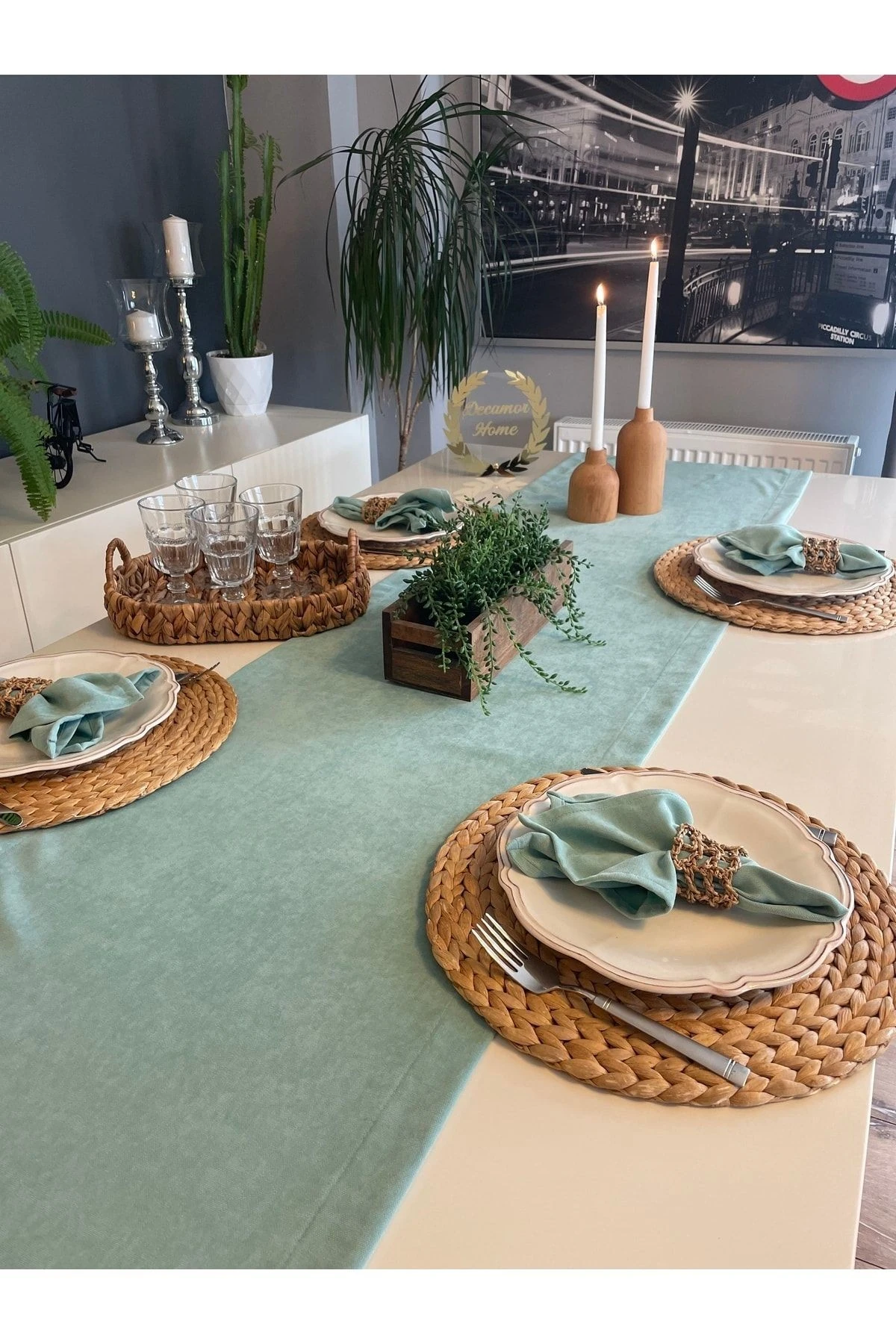 Kadife Dokulu Dertsiz Mint Yeşili Runner