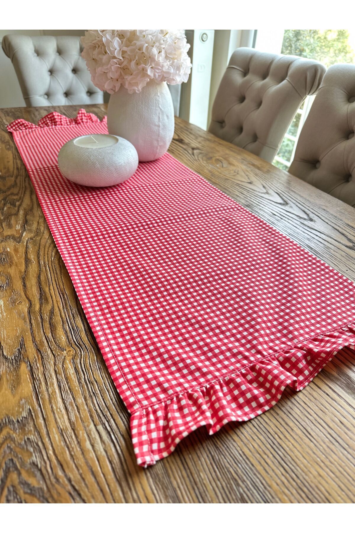 Vintage Mini Pötikareli Dertsiz Leke Tutmaz Kırmızı Fırfırlı Runner