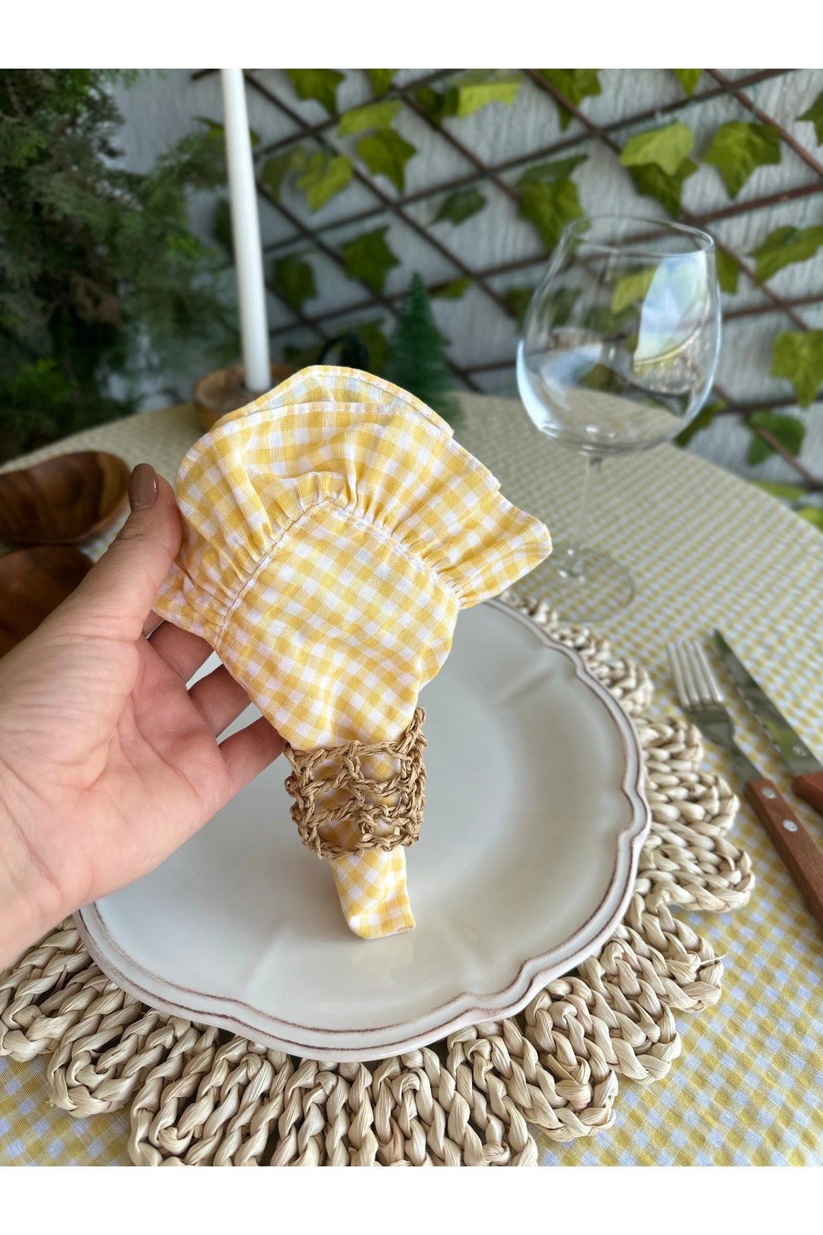 Thin Keten Kumaş 2’li Sarı Mini Pötikare Fırfırlı Peçete