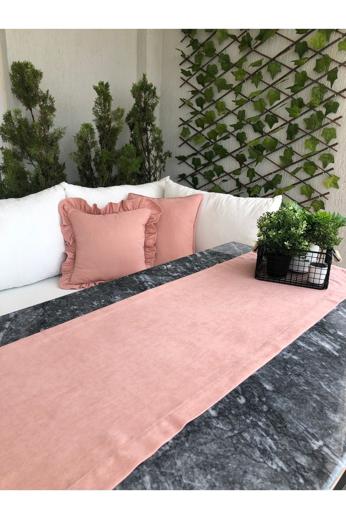 Kadife Dokulu Dertsiz Pudra Pembe Runner