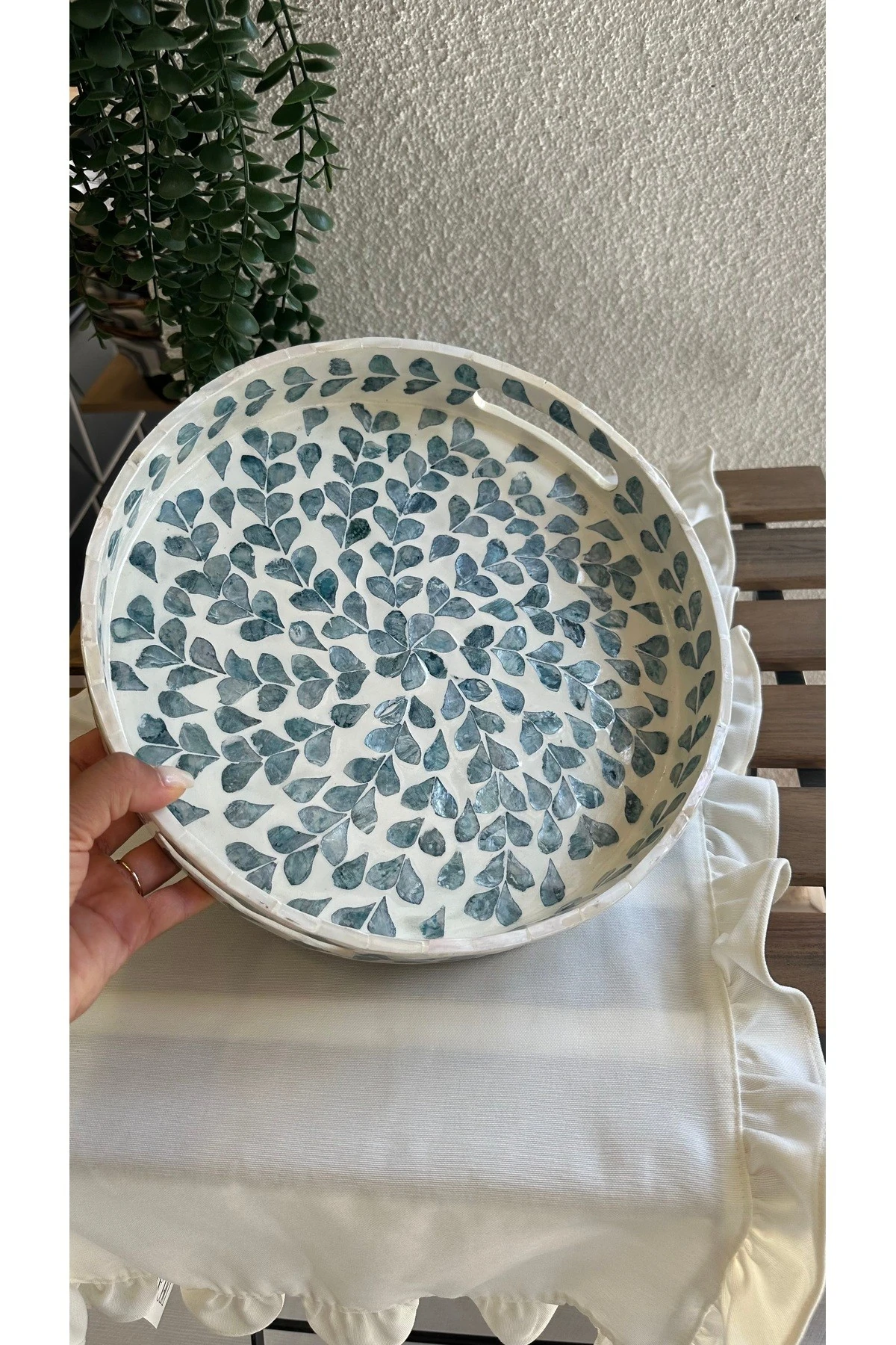 Sedefli Taş Detaylı El Yapımı İndigo Mavi Detaylı Tepsi Büyük Boy