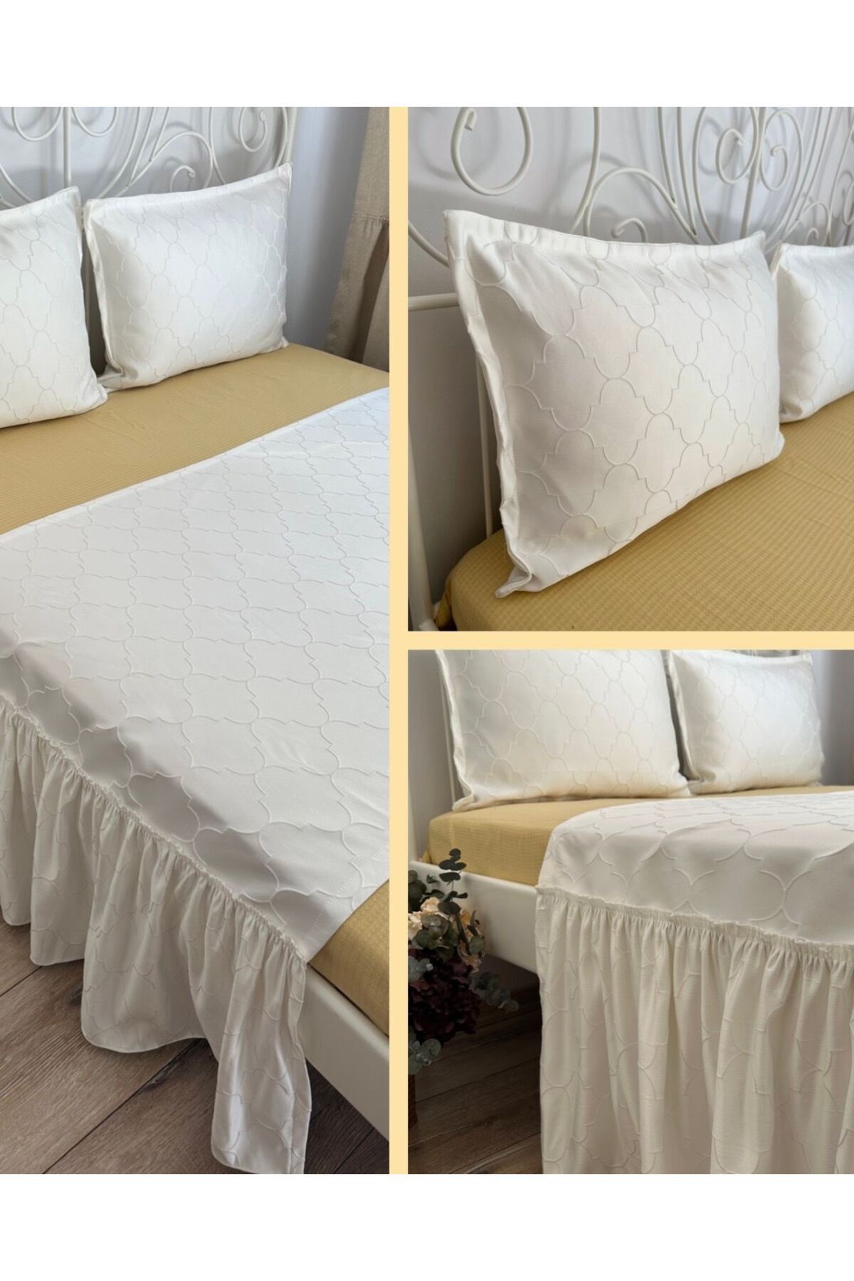 3 Parça Yatak Runner Set Ekru Saten Yatak Örtüsü Çift Kişilik