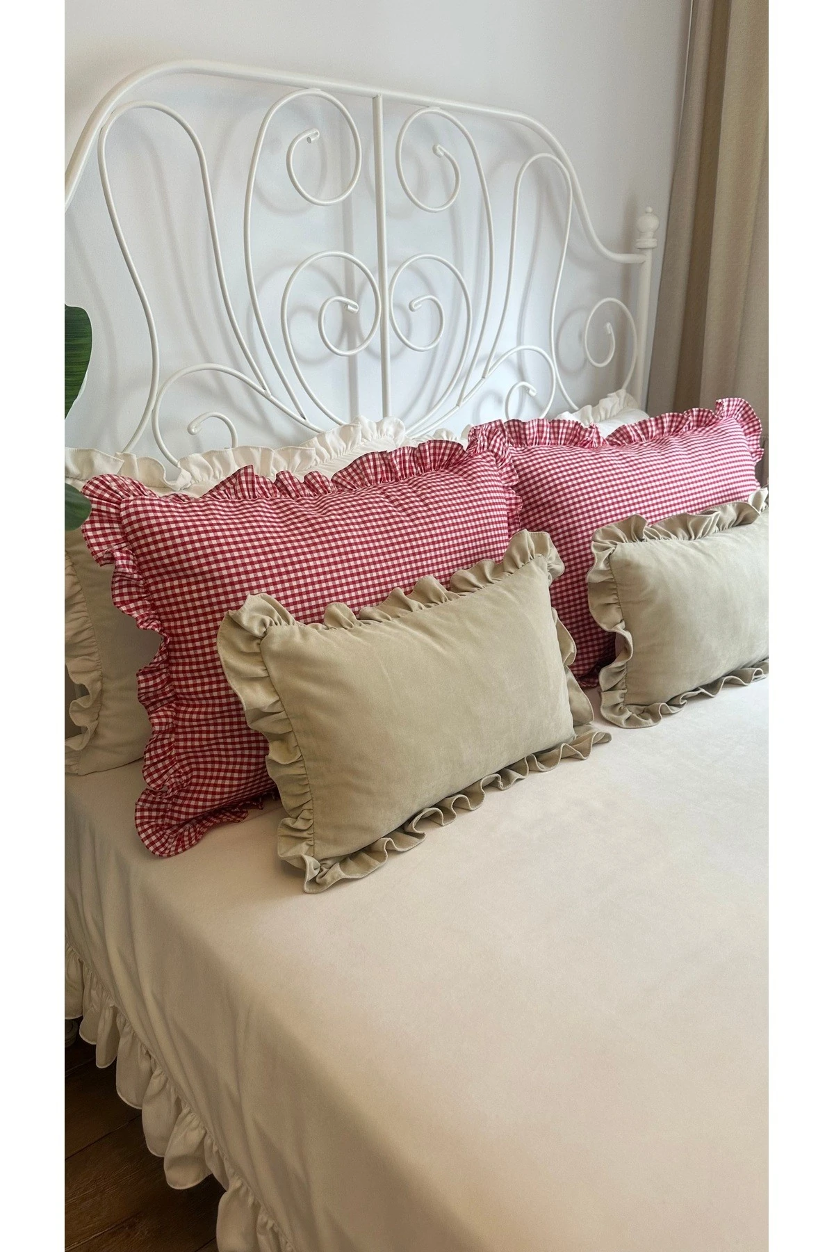 2 li Büyük Boy Keten Kırmızı Beyaz Mini Pötikare Yastık Kılıfı