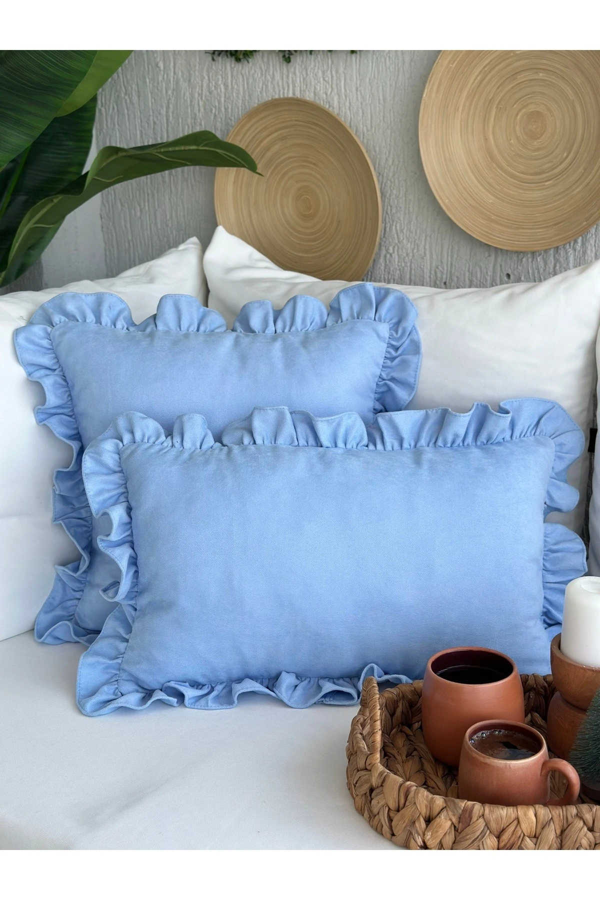 Vıntage Fırfırlı Mavi Kırlent Kılıfı 1 Ad