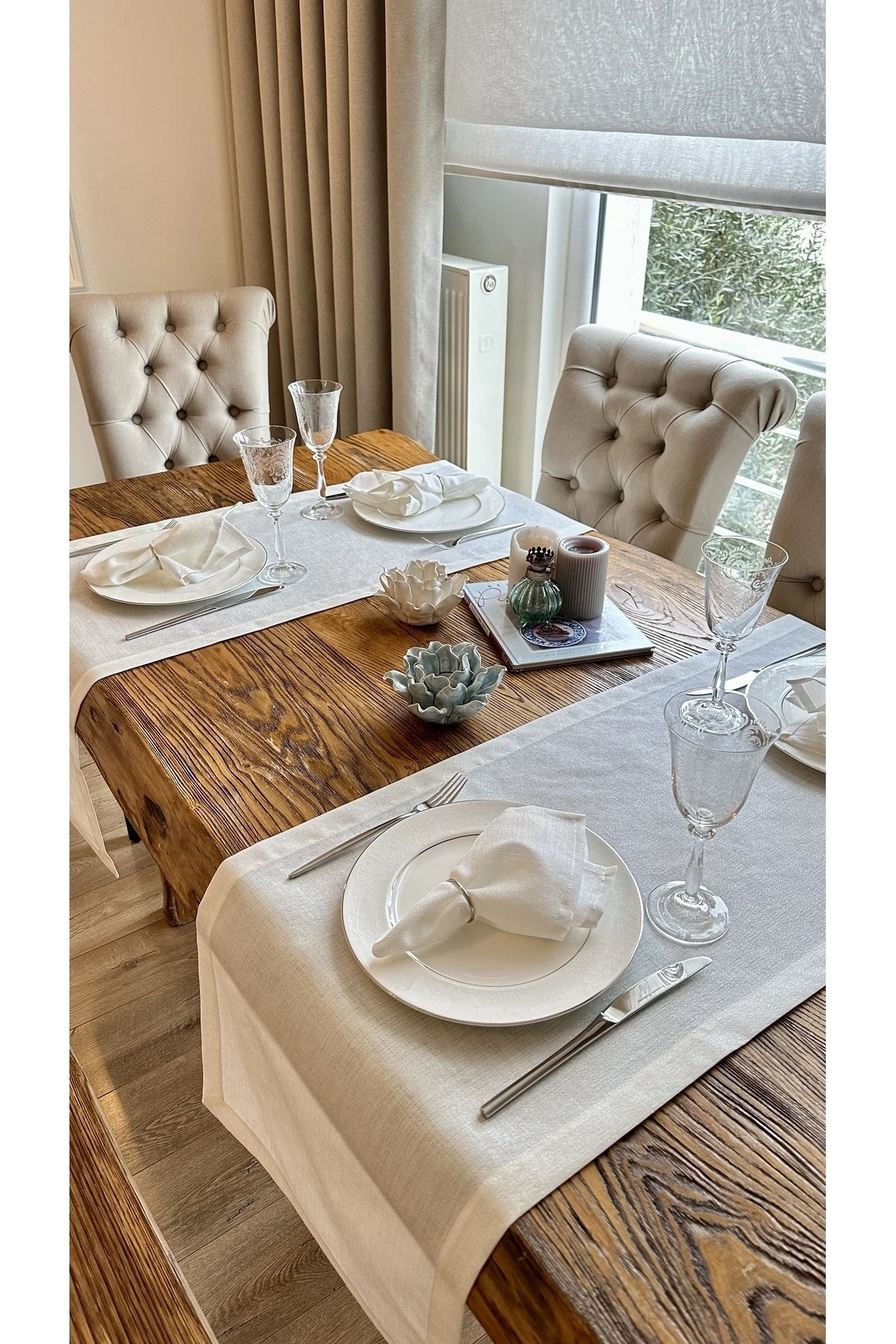 Keten Dokulu Sedef Simli Beyaz Kısa Runner